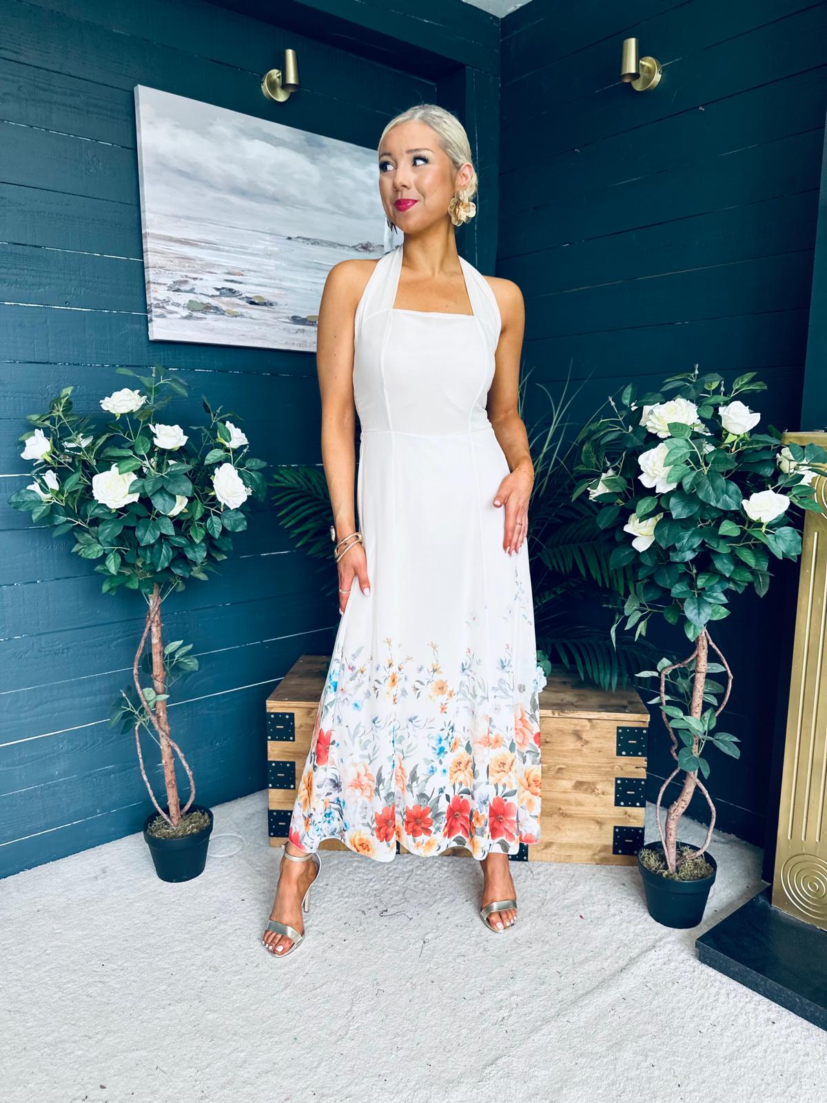 Keelin Halterneck Midi Dress Floral Cream
