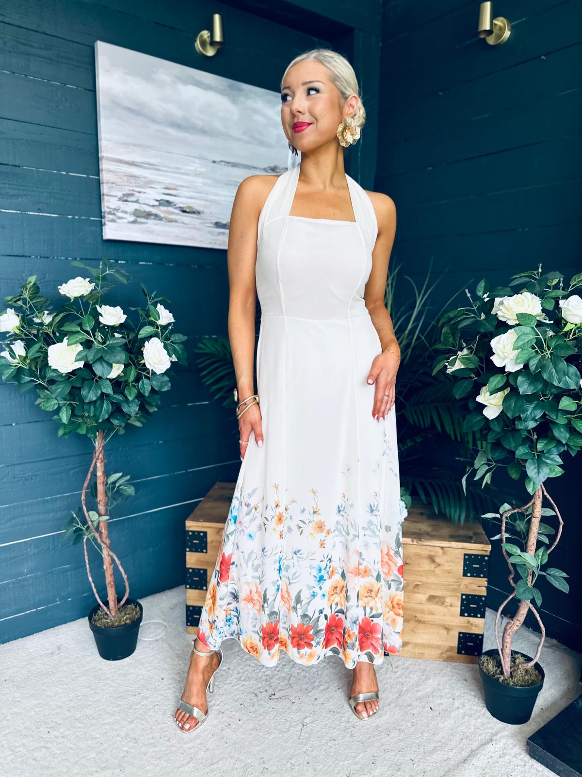 Keelin Halterneck Midi Dress Floral Cream
