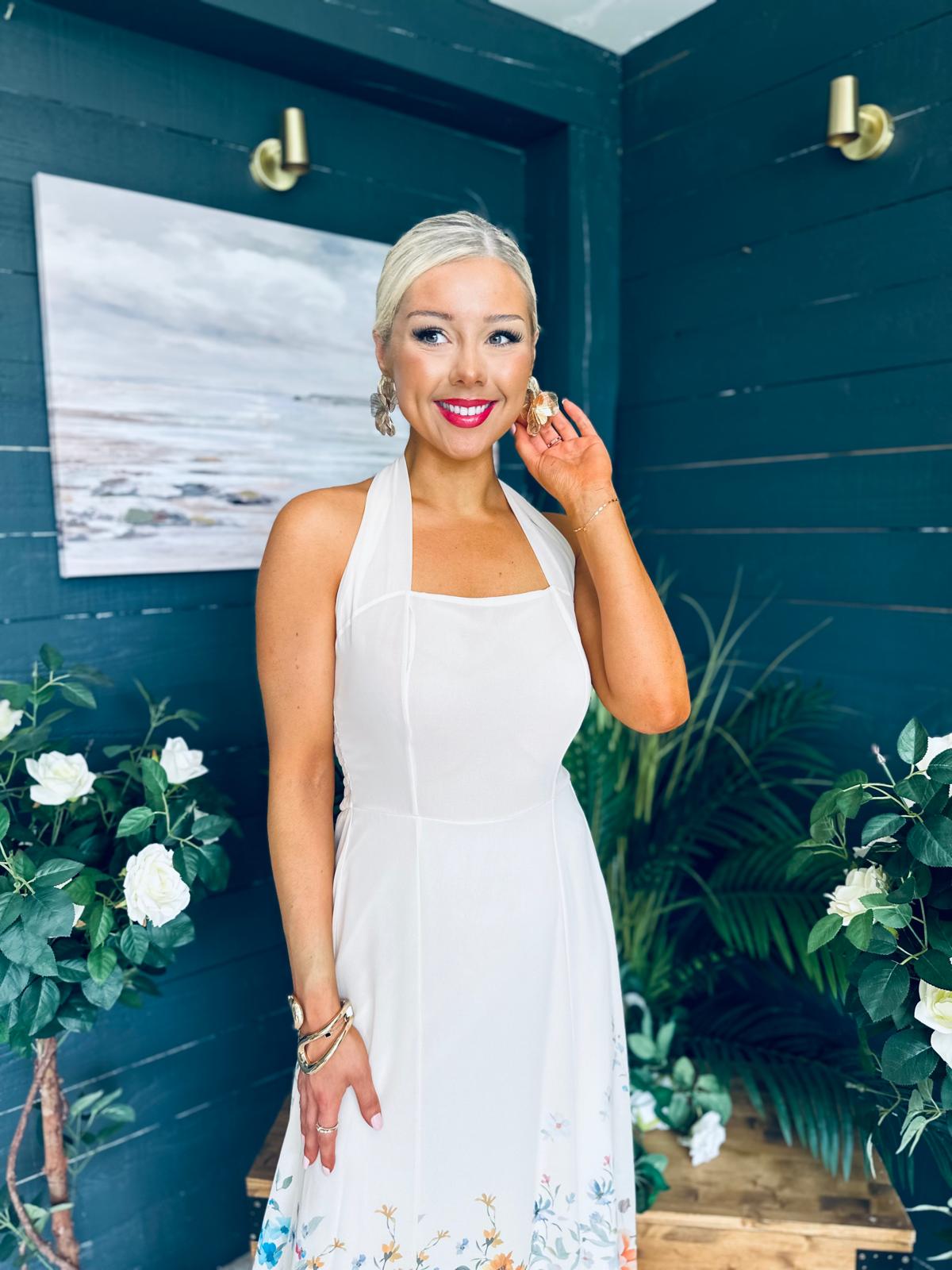 Keelin Halterneck Midi Dress Floral Cream