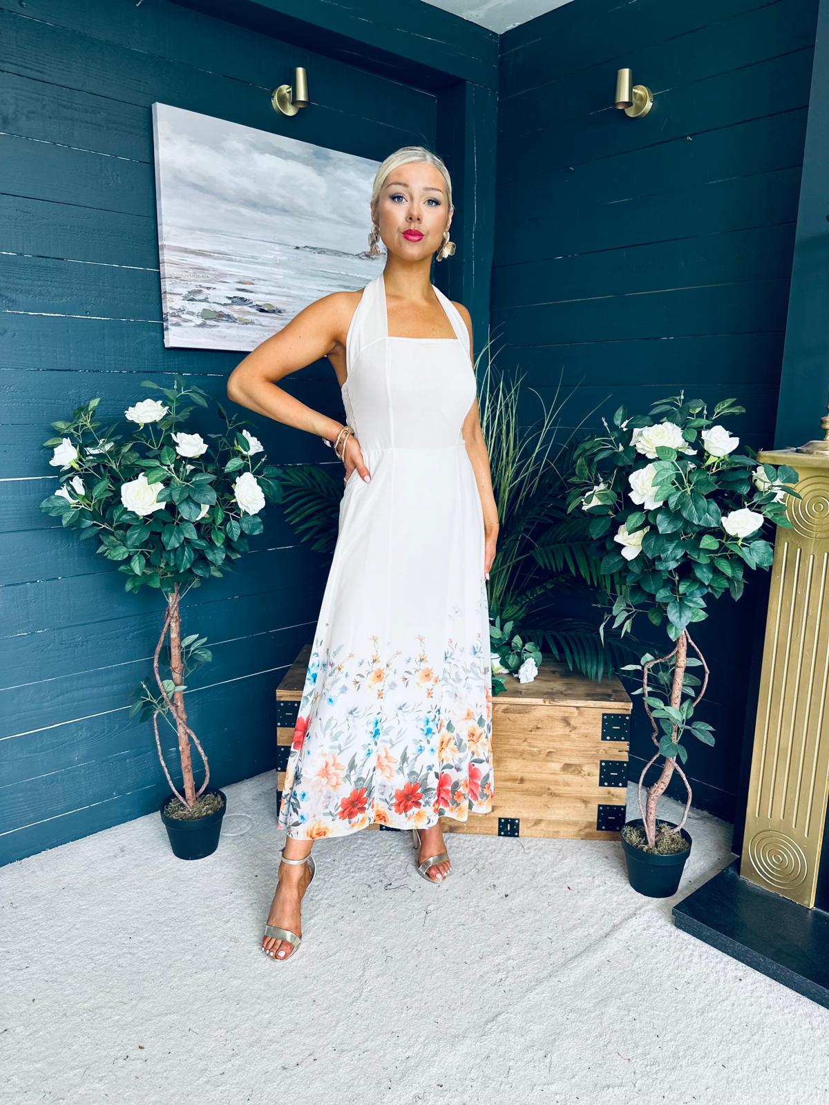 Keelin Halterneck Midi Dress Floral Cream