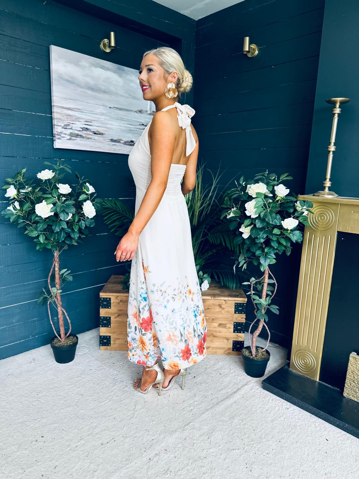 Keelin Halterneck Midi Dress Floral Cream