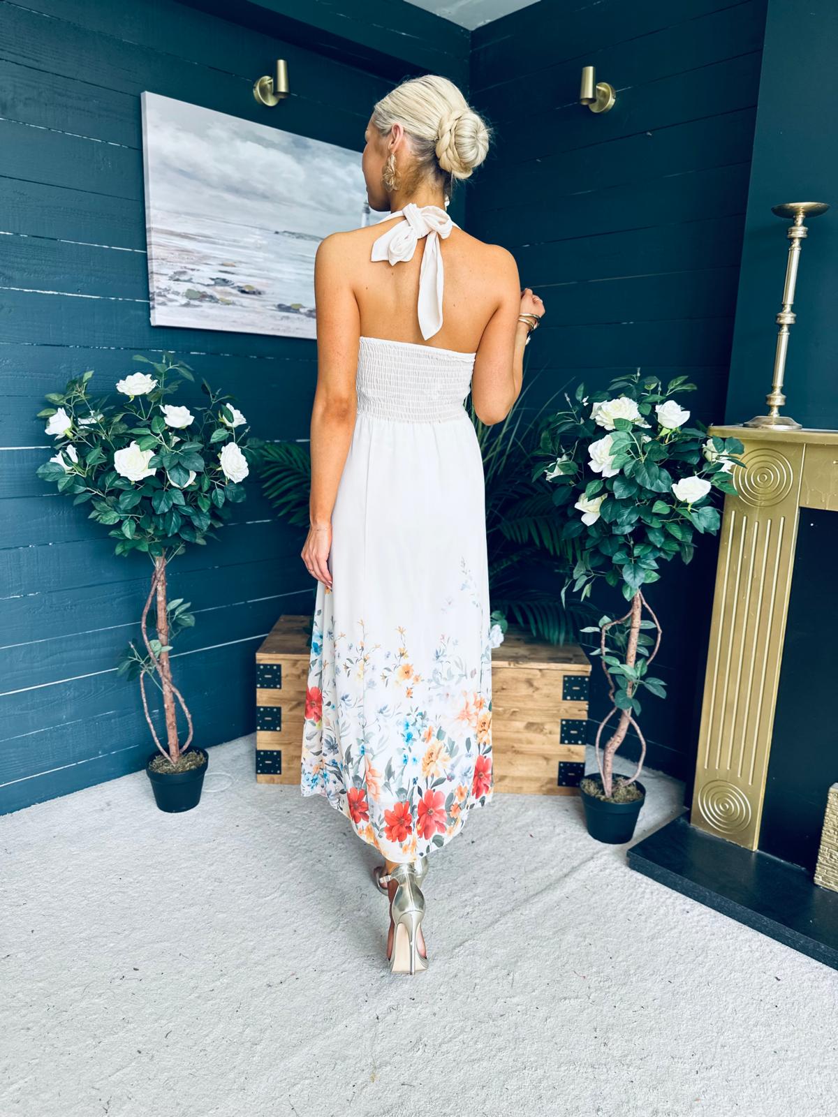 Keelin Halterneck Midi Dress Floral Cream