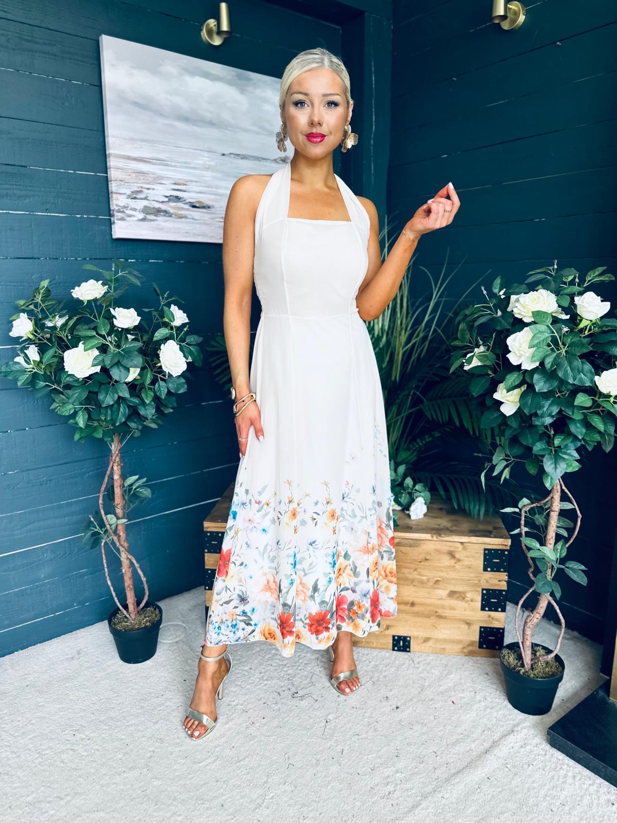 Keelin Halterneck Midi Dress Floral Cream