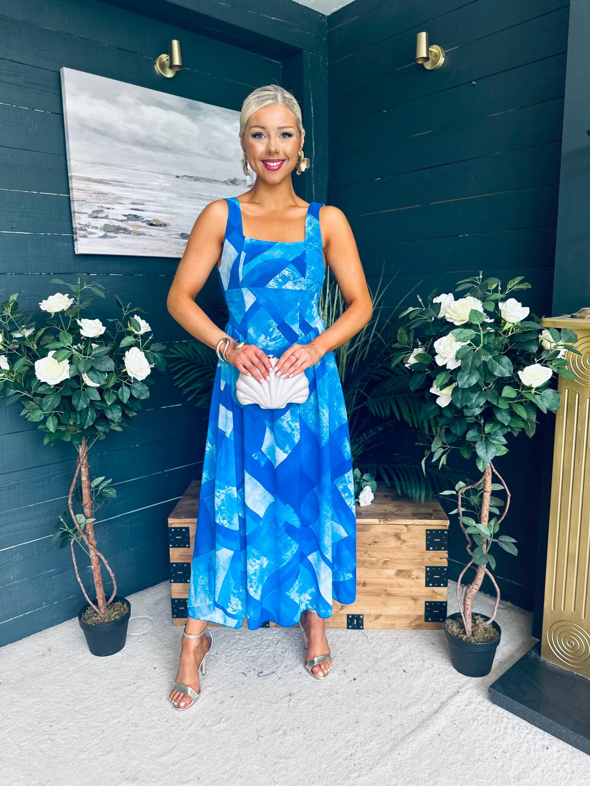 Aideen Detailed Midi Dress Geo Blue