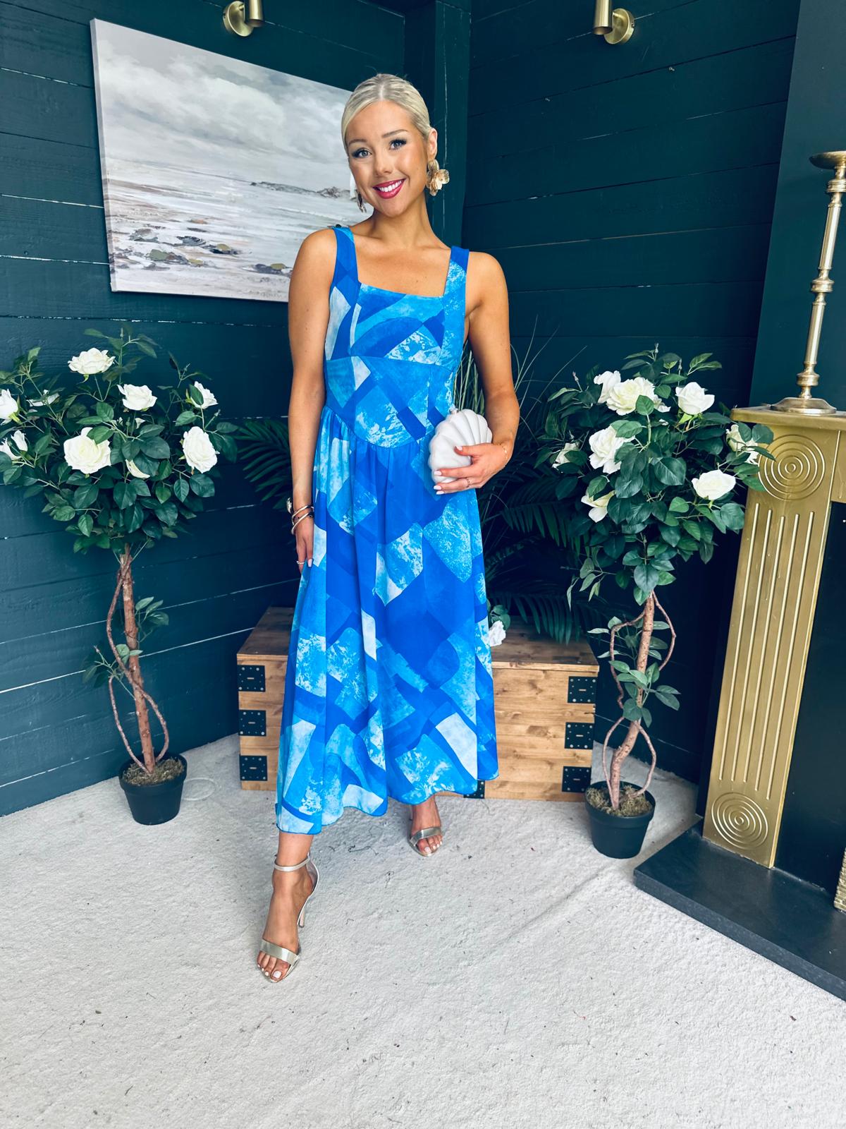 Aideen Detailed Midi Dress Geo Blue