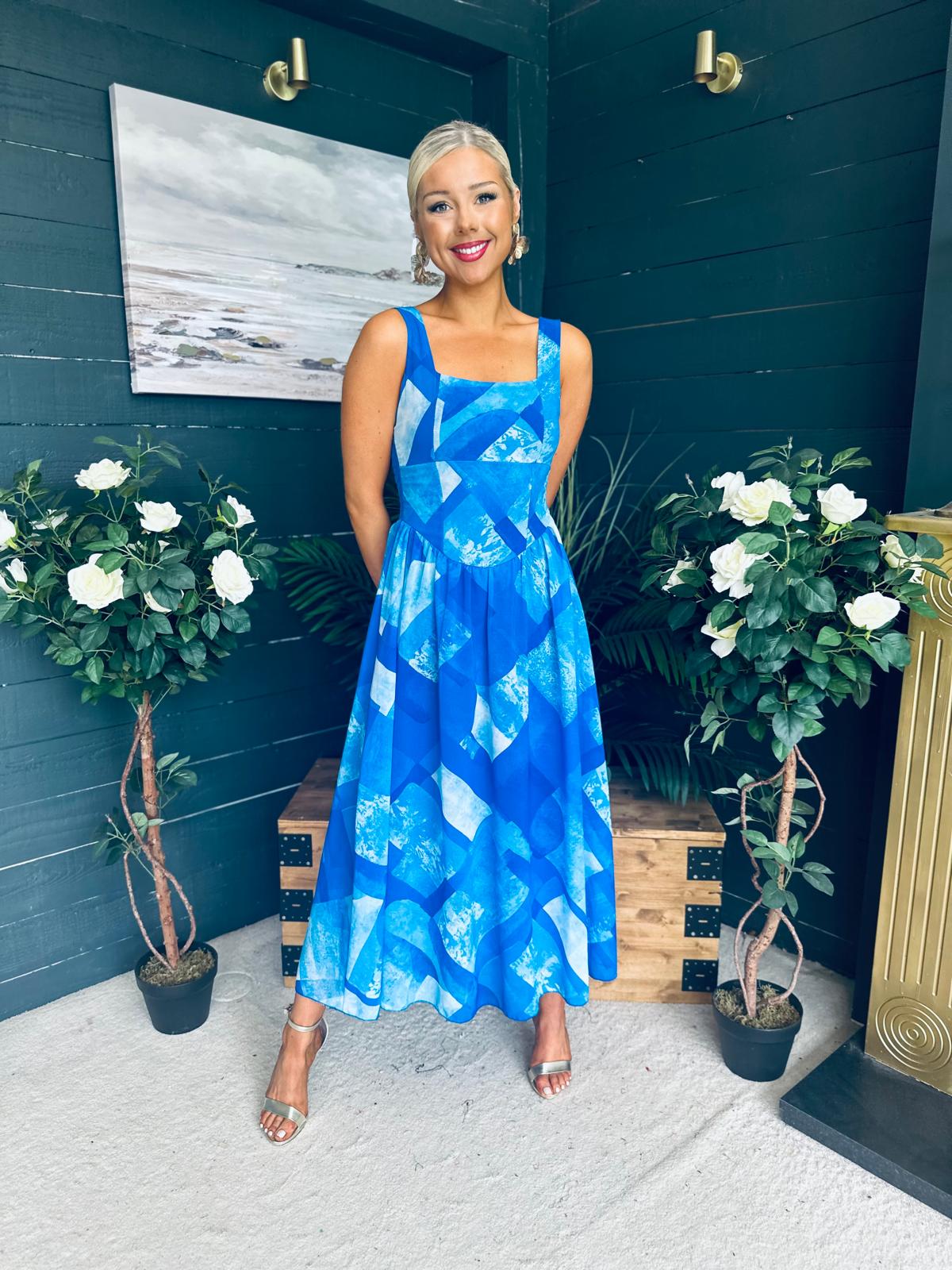 Aideen Detailed Midi Dress Geo Blue