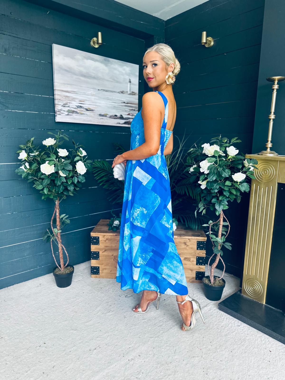 Aideen Detailed Midi Dress Geo Blue