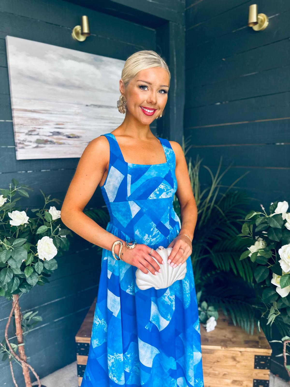 Aideen Detailed Midi Dress Geo Blue