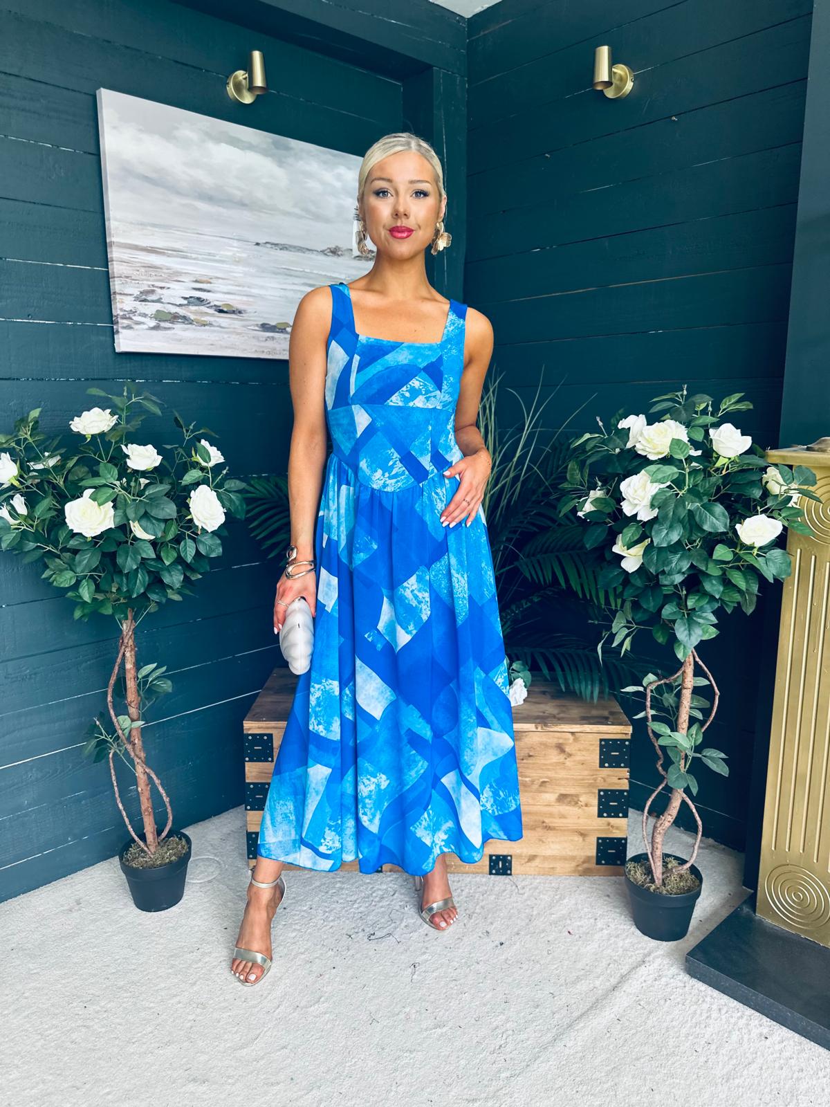 Aideen Detailed Midi Dress Geo Blue