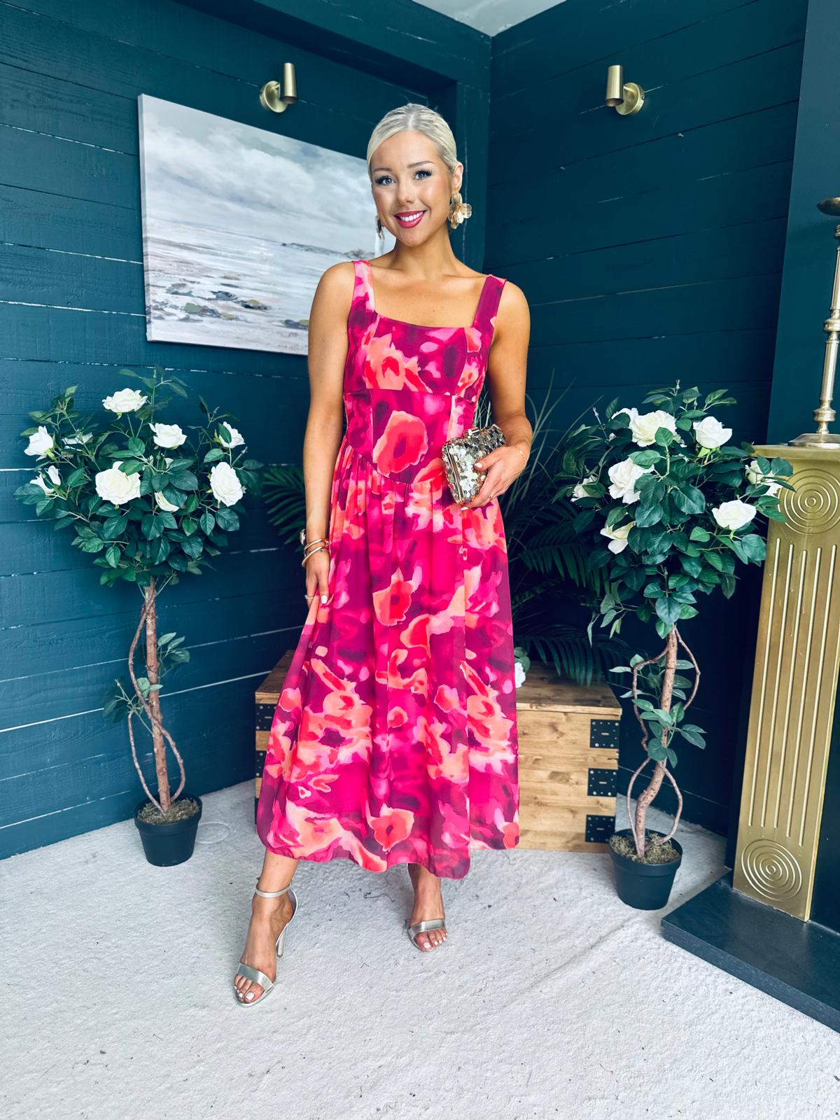 Aideen Detailed Midi Dress Floral Ruby