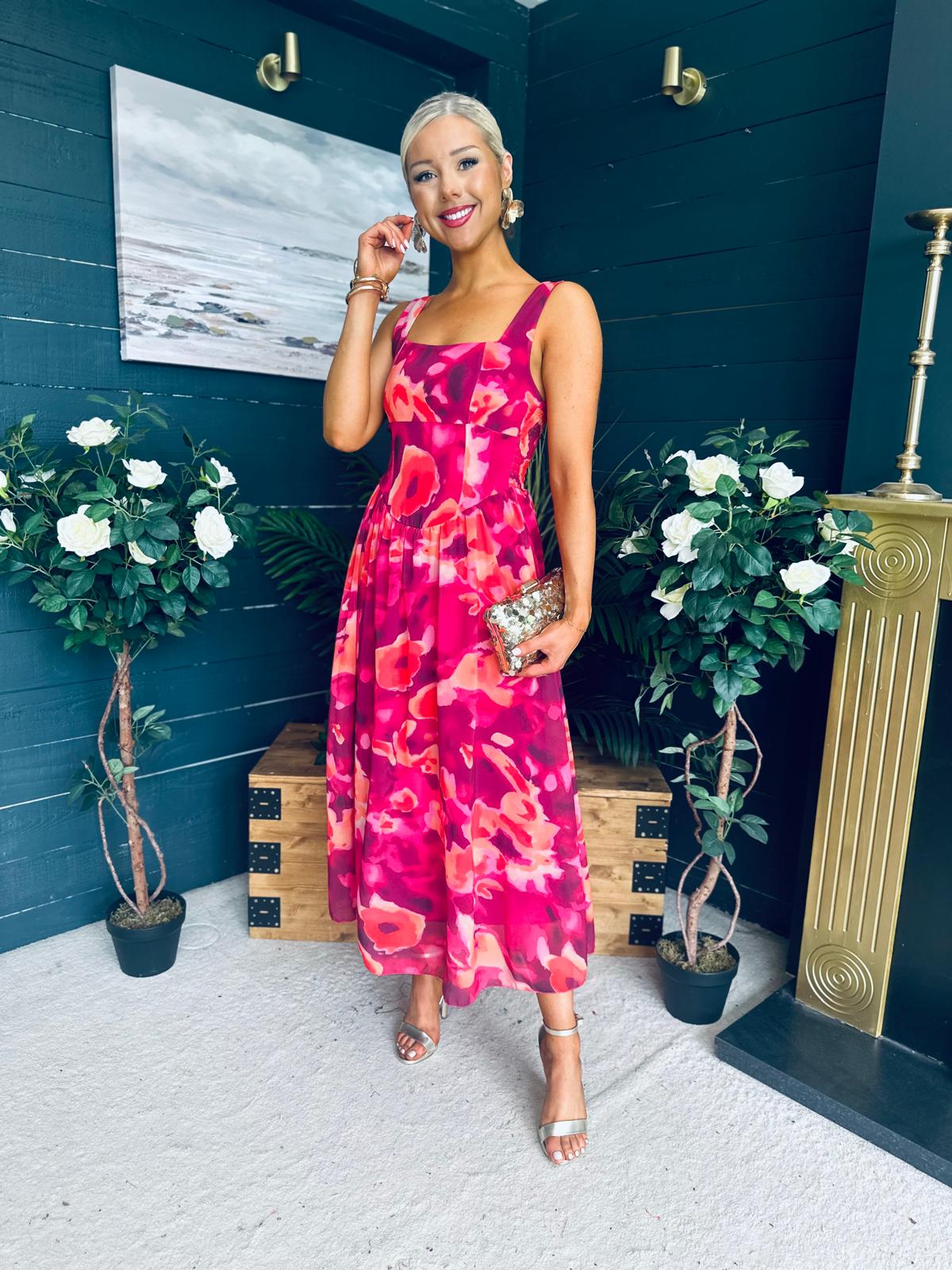 Aideen Detailed Midi Dress Floral Ruby