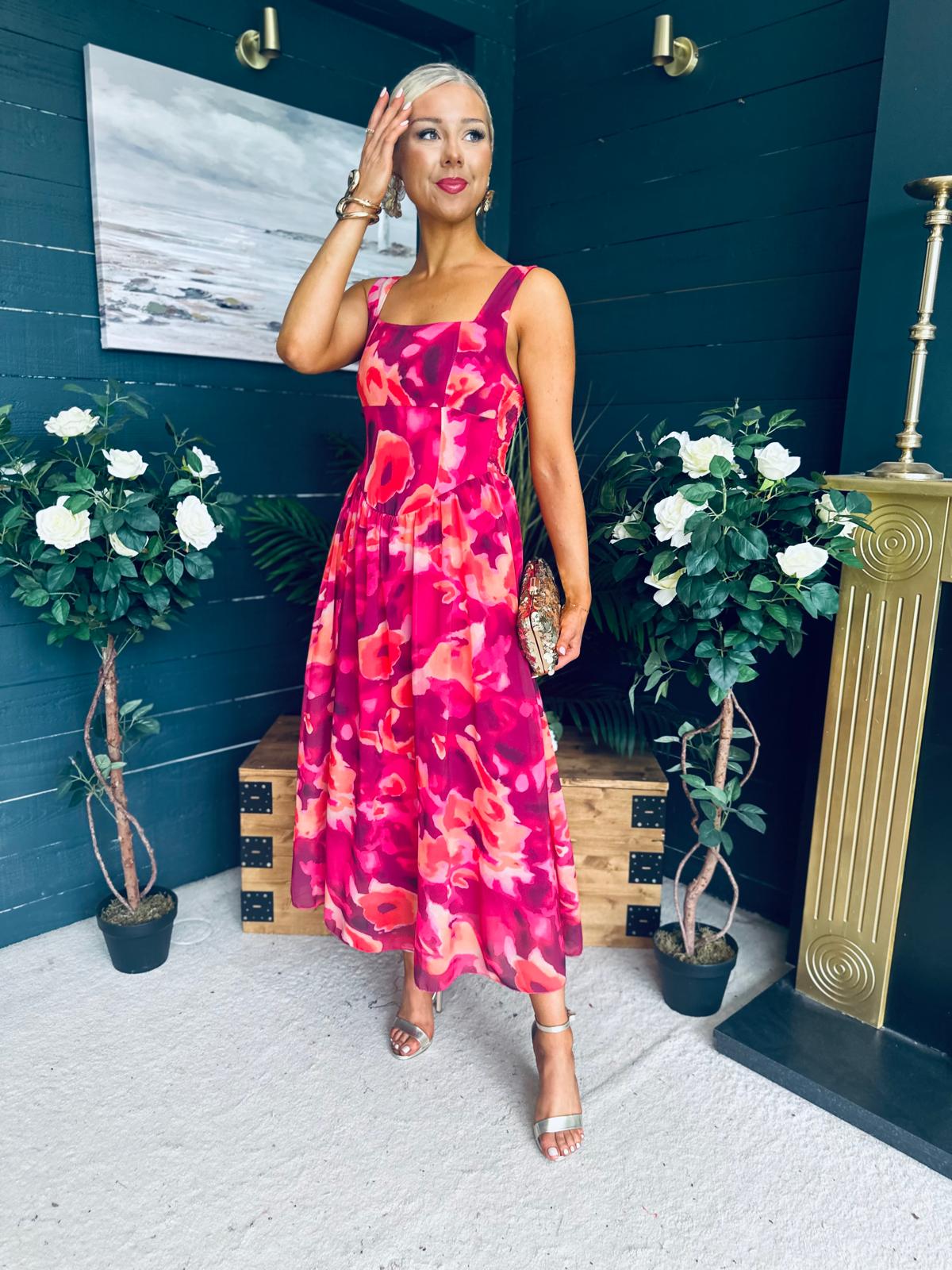 Aideen Detailed Midi Dress Floral Ruby
