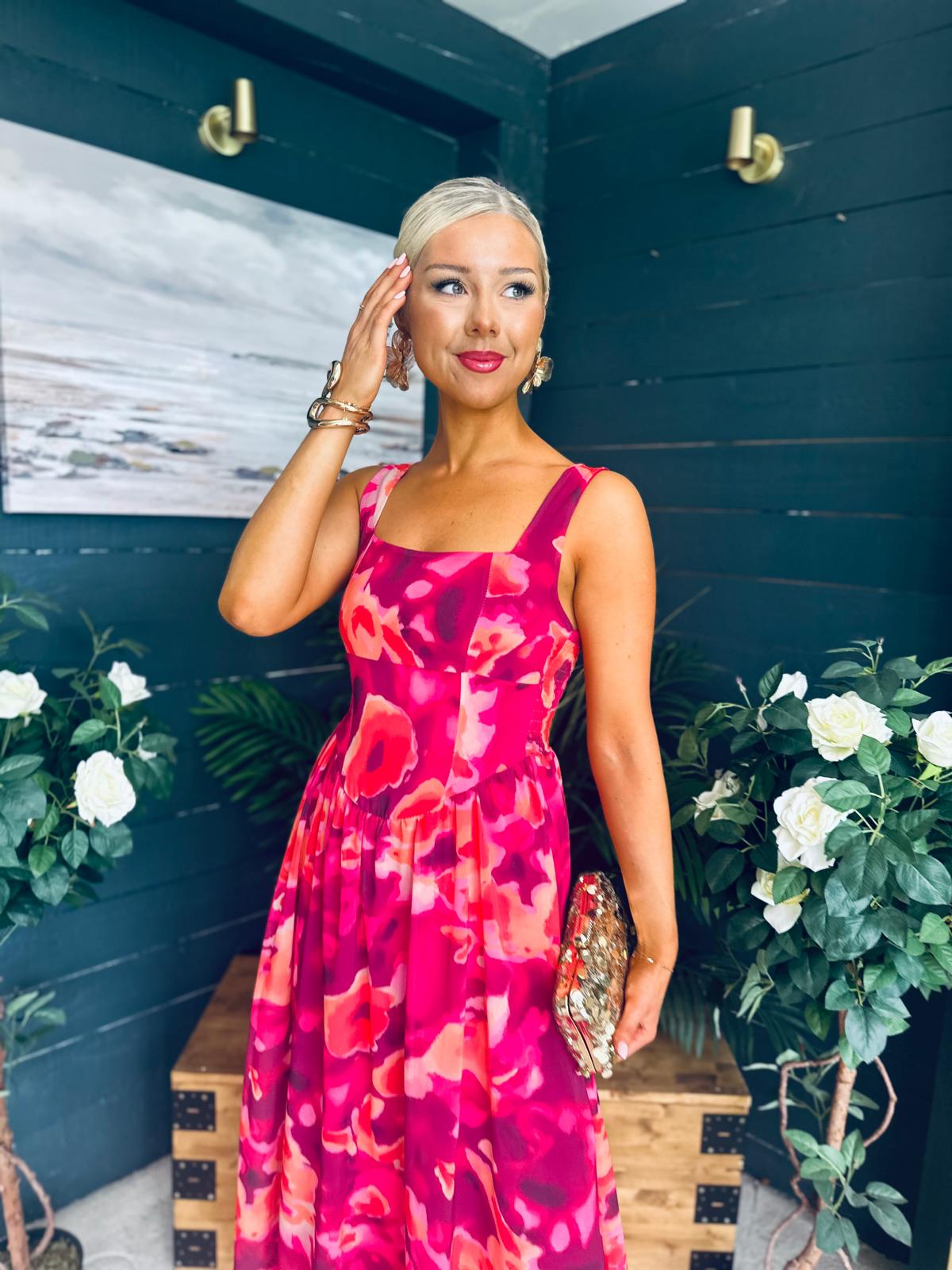 Aideen Detailed Midi Dress Floral Ruby