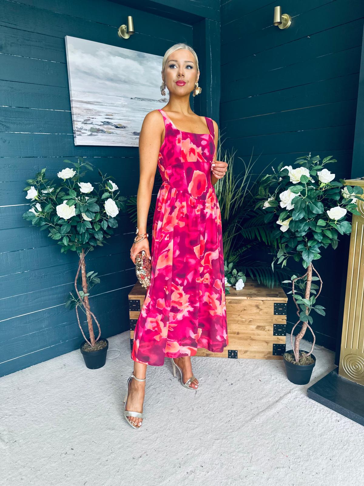 Aideen Detailed Midi Dress Floral Ruby