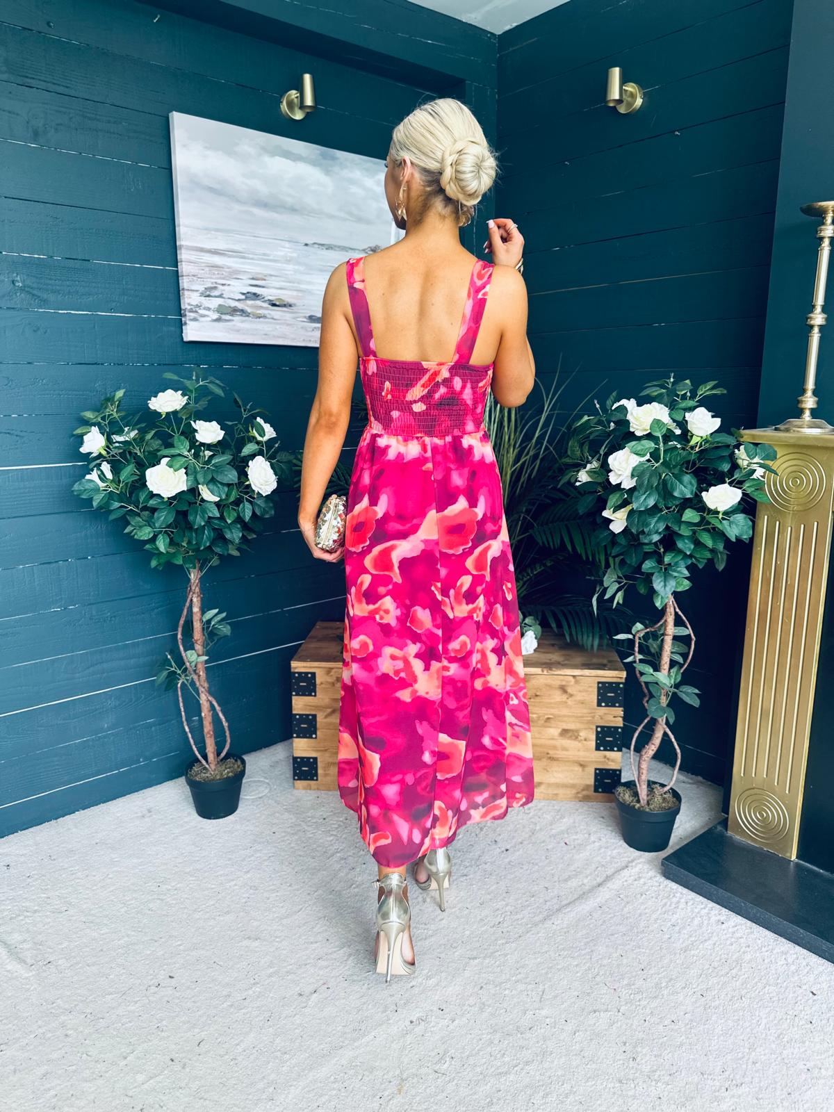 Aideen Detailed Midi Dress Floral Ruby