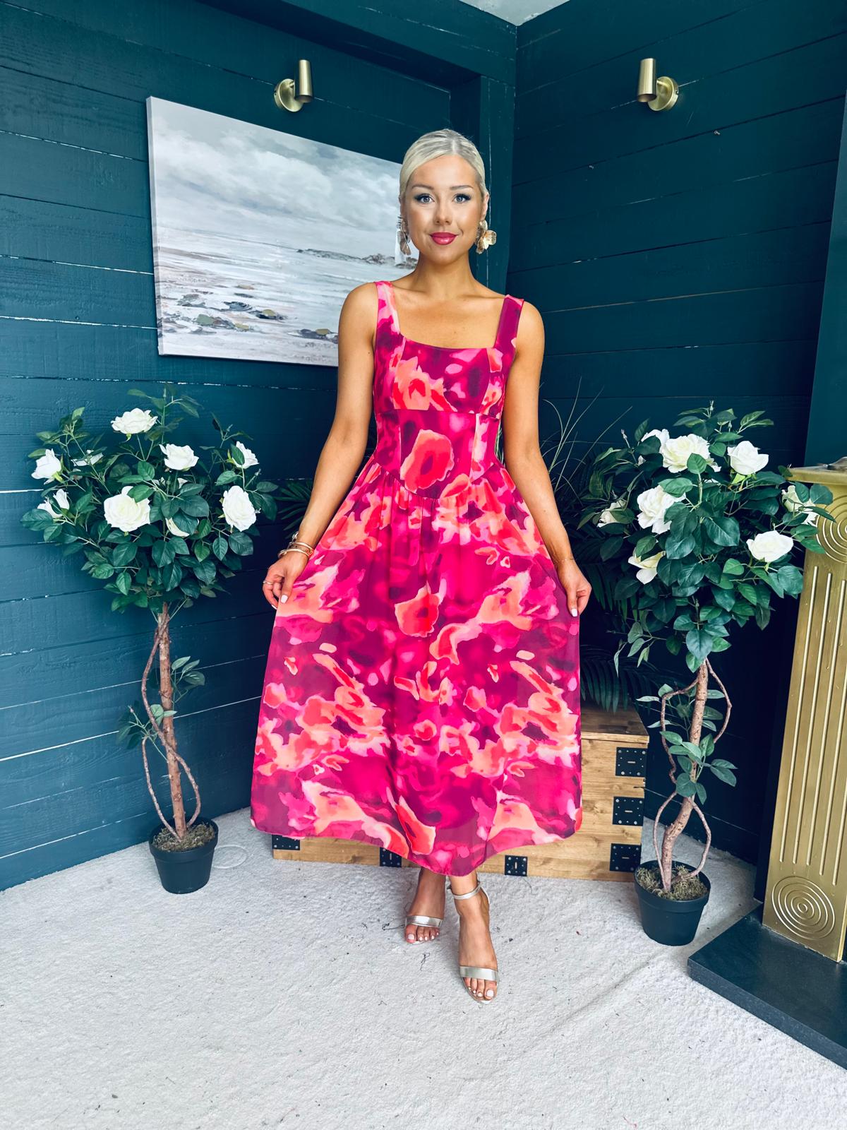 Aideen Detailed Midi Dress Floral Ruby