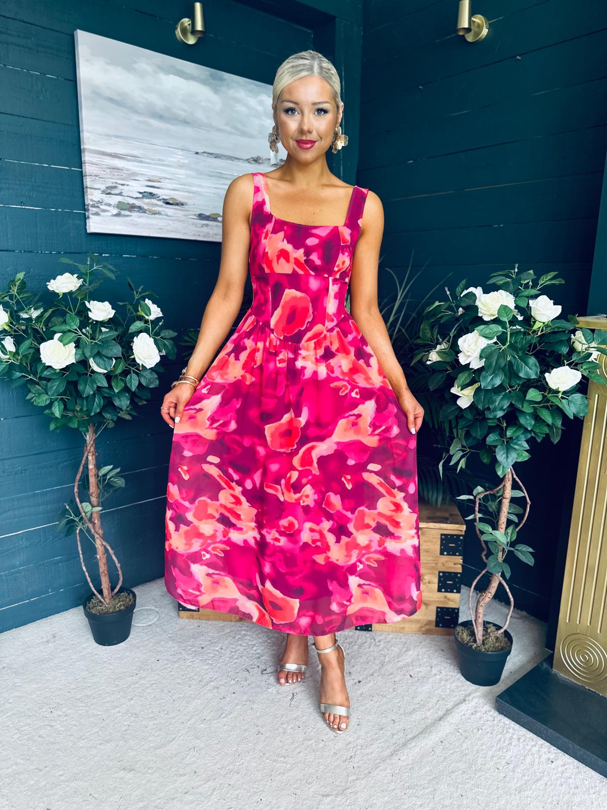 Aideen Detailed Midi Dress Floral Ruby