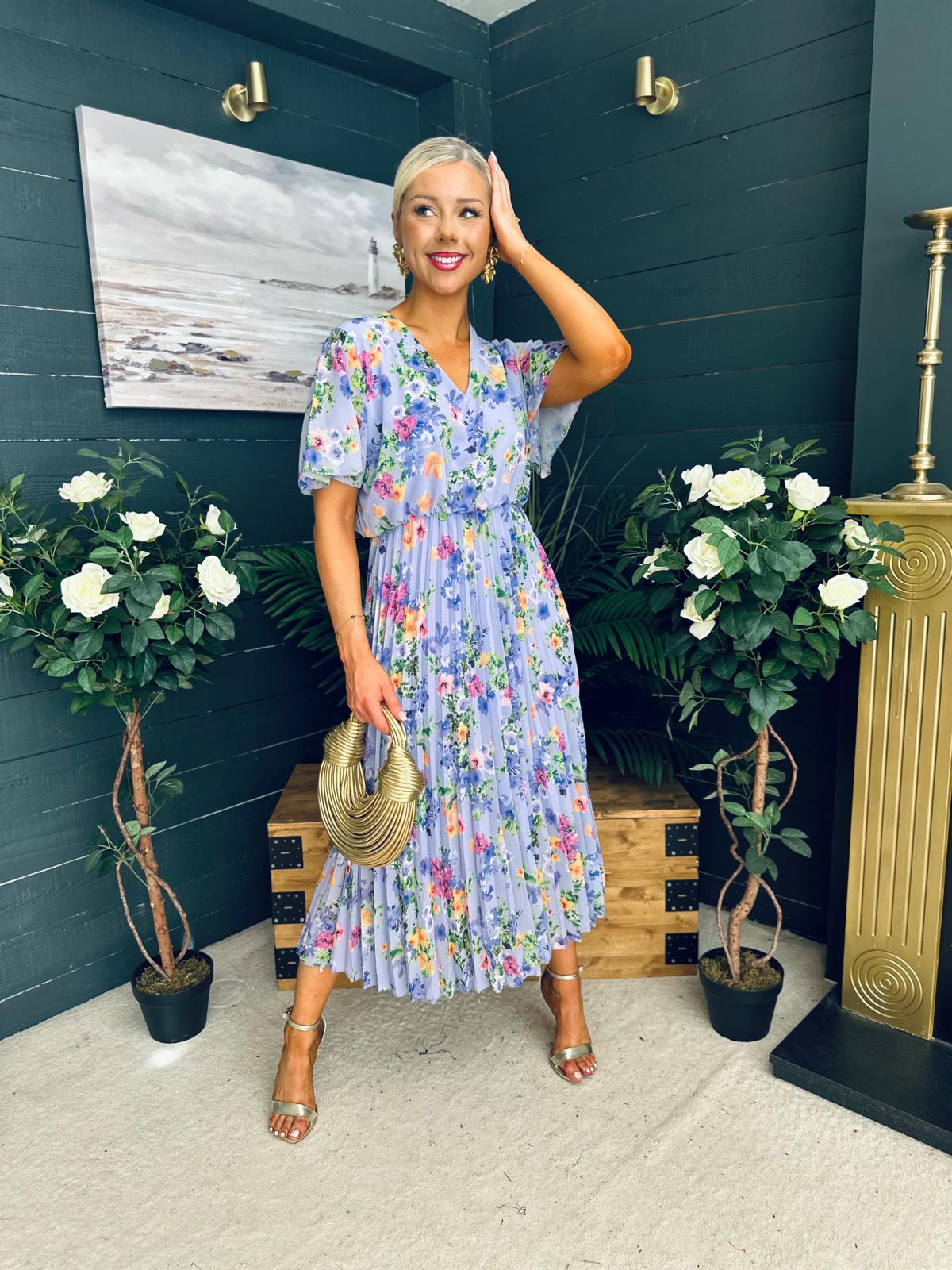 Leanne Pleated Midi Dress Floral Lilac