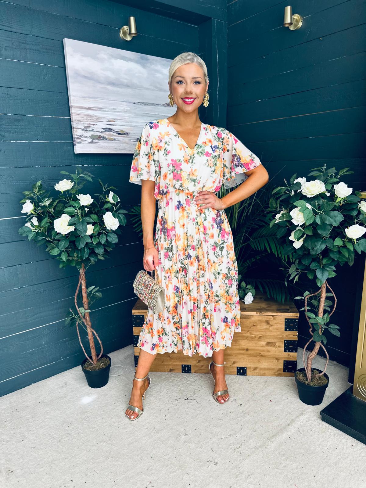 Leanne Pleated Midi Dress Floral Cream