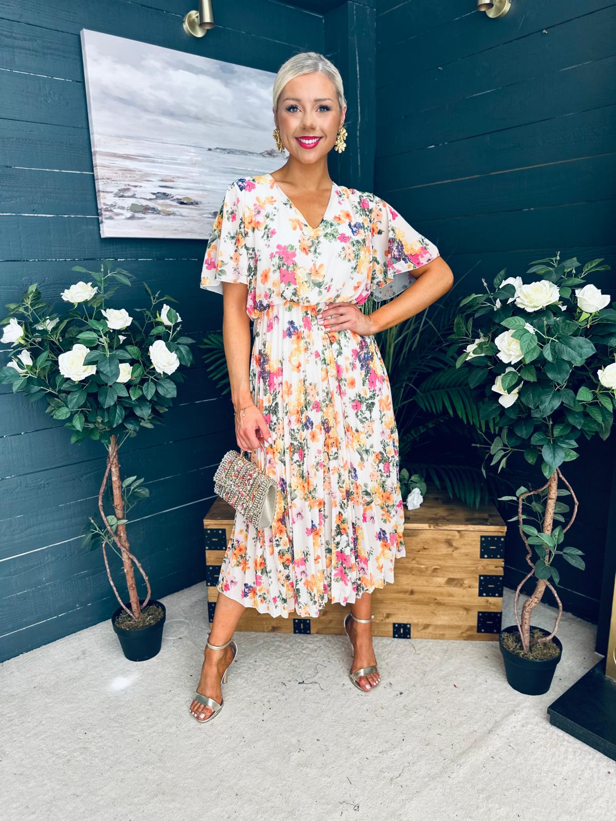 Leanne Pleated Midi Dress Floral Cream