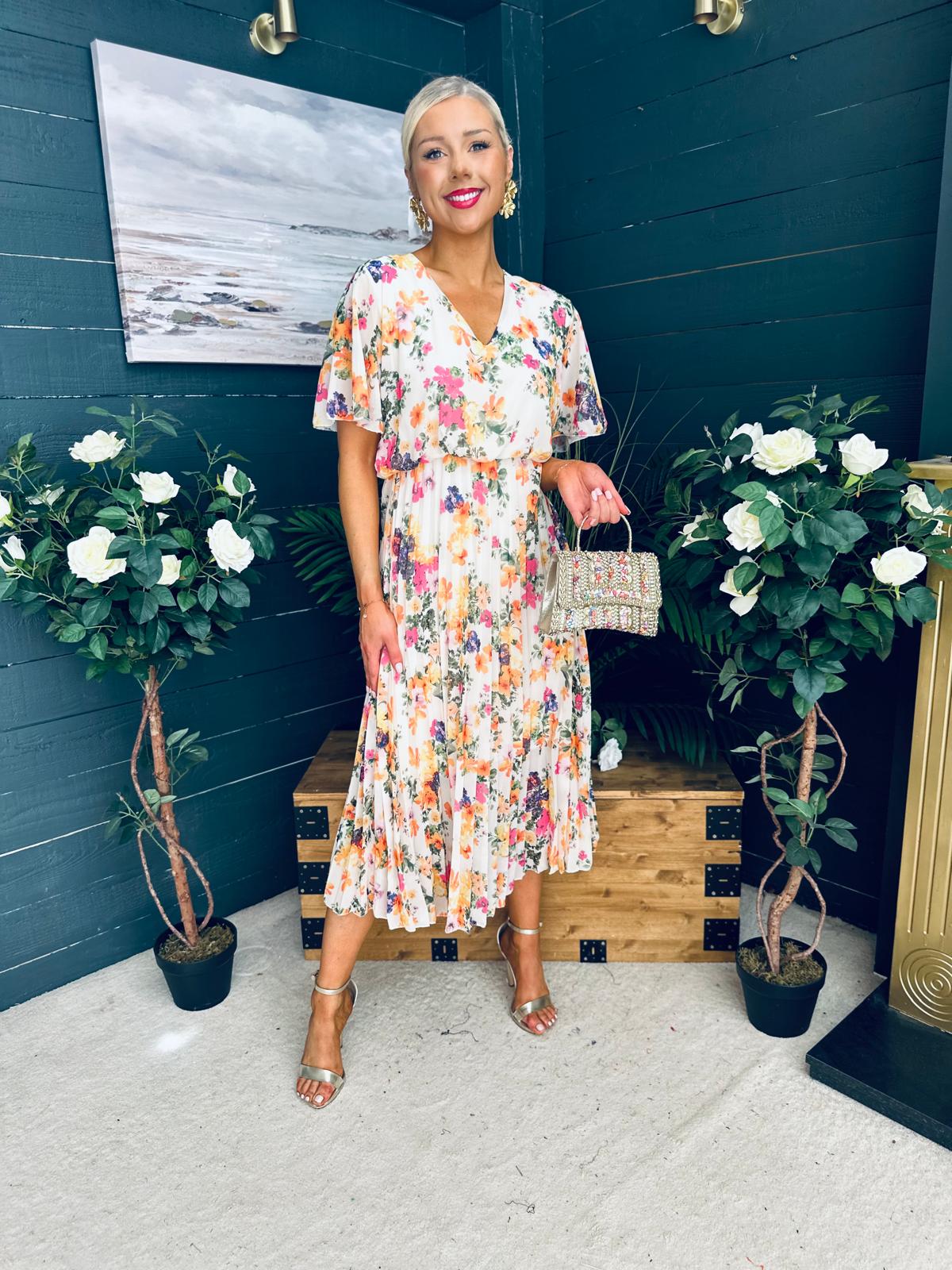 Leanne Pleated Midi Dress Floral Cream