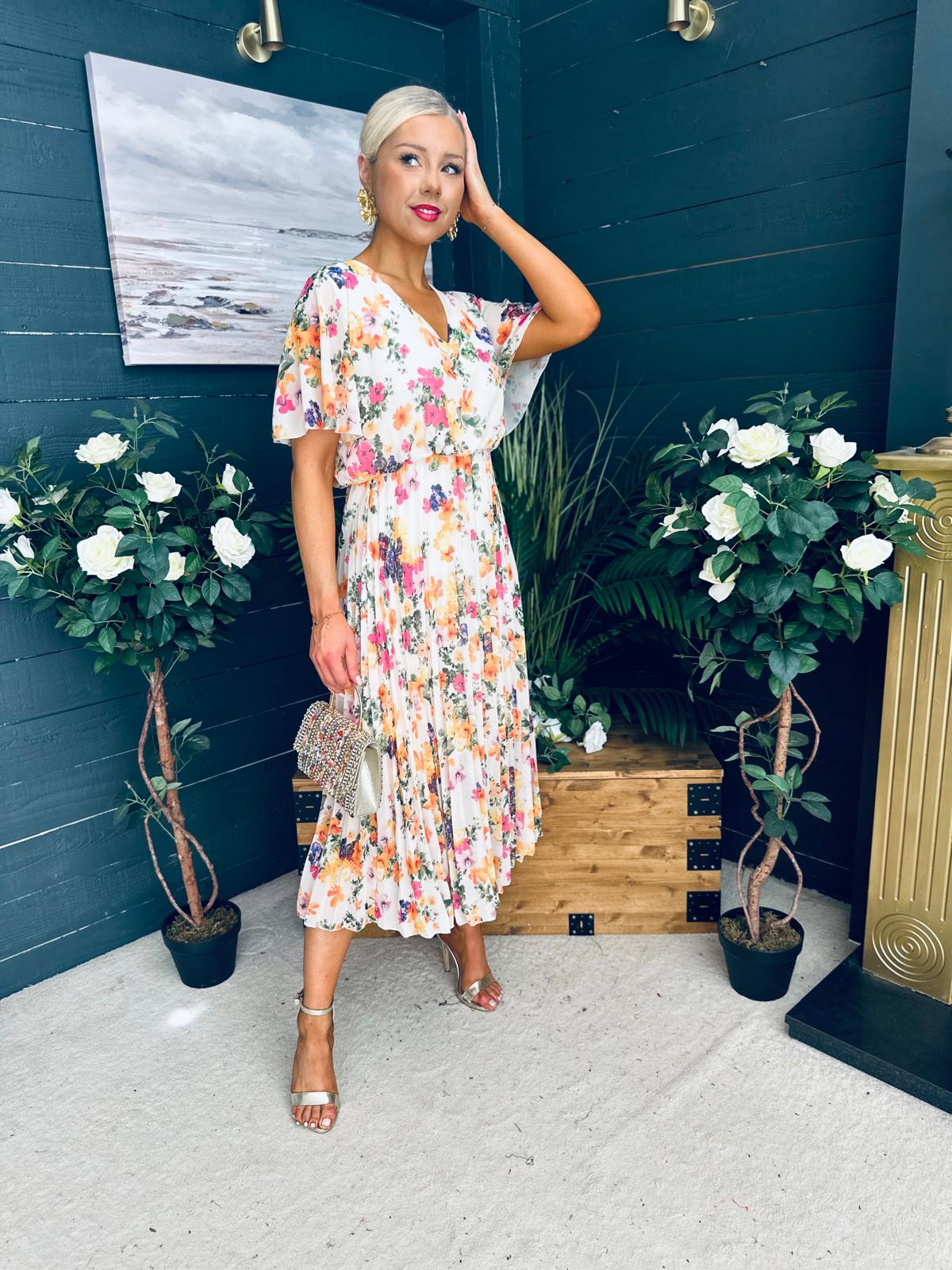 Leanne Pleated Midi Dress Floral Cream