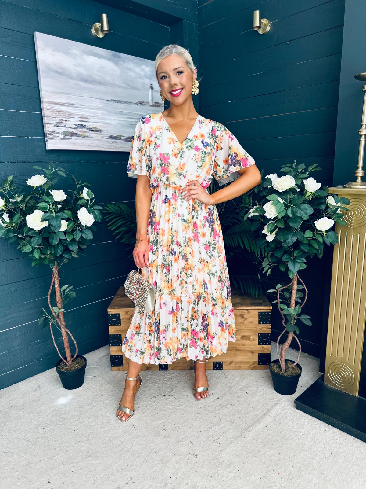 Leanne Pleated Midi Dress Floral Cream