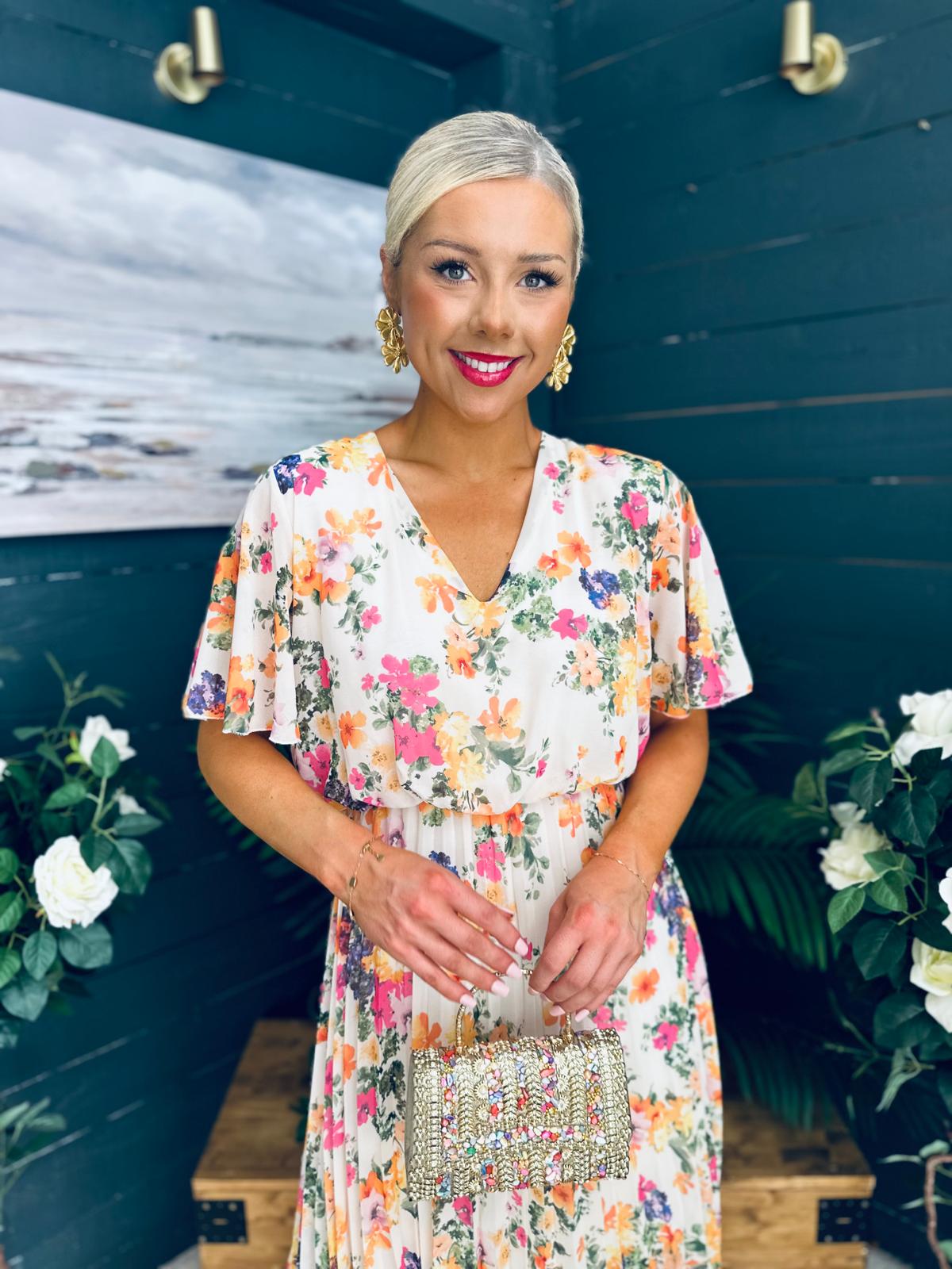 Leanne Pleated Midi Dress Floral Cream