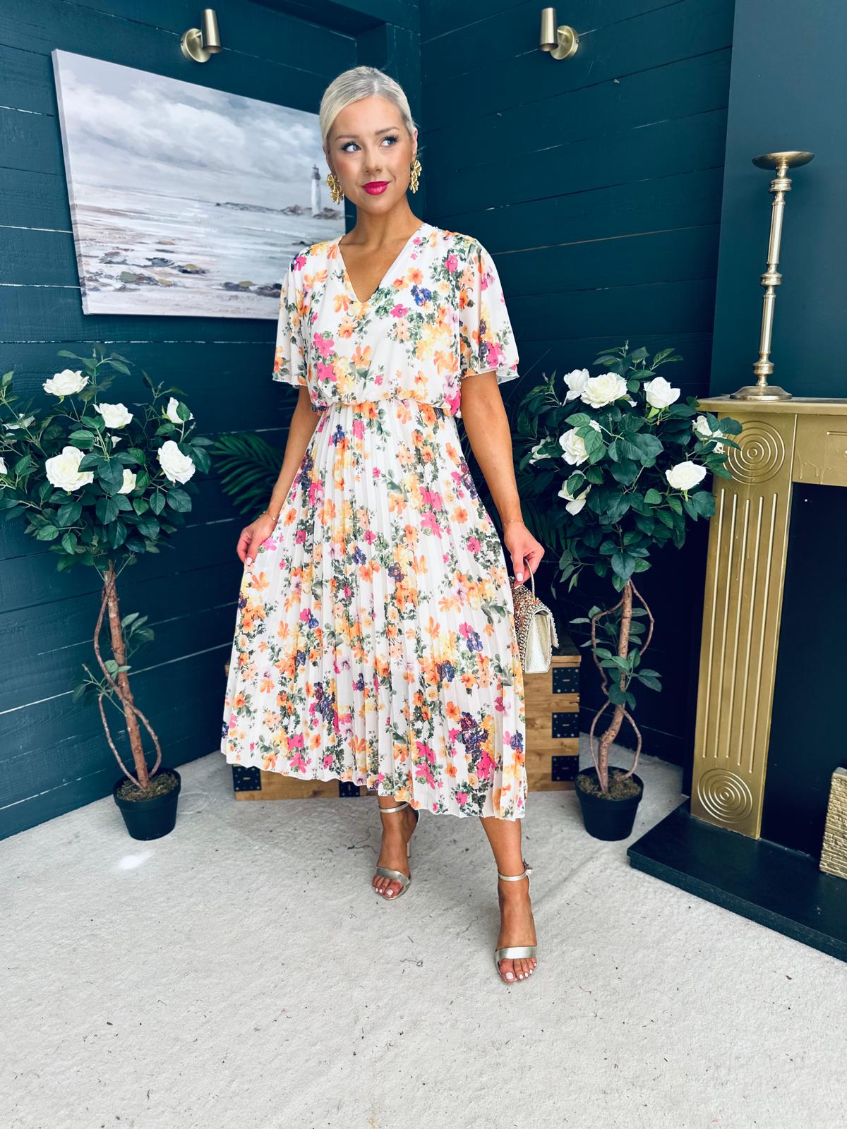 Leanne Pleated Midi Dress Floral Cream