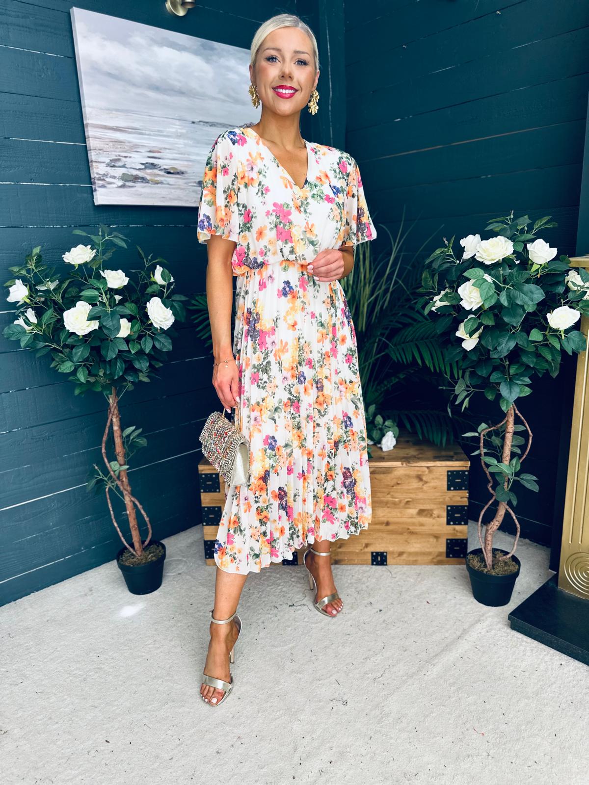 Leanne Pleated Midi Dress Floral Cream