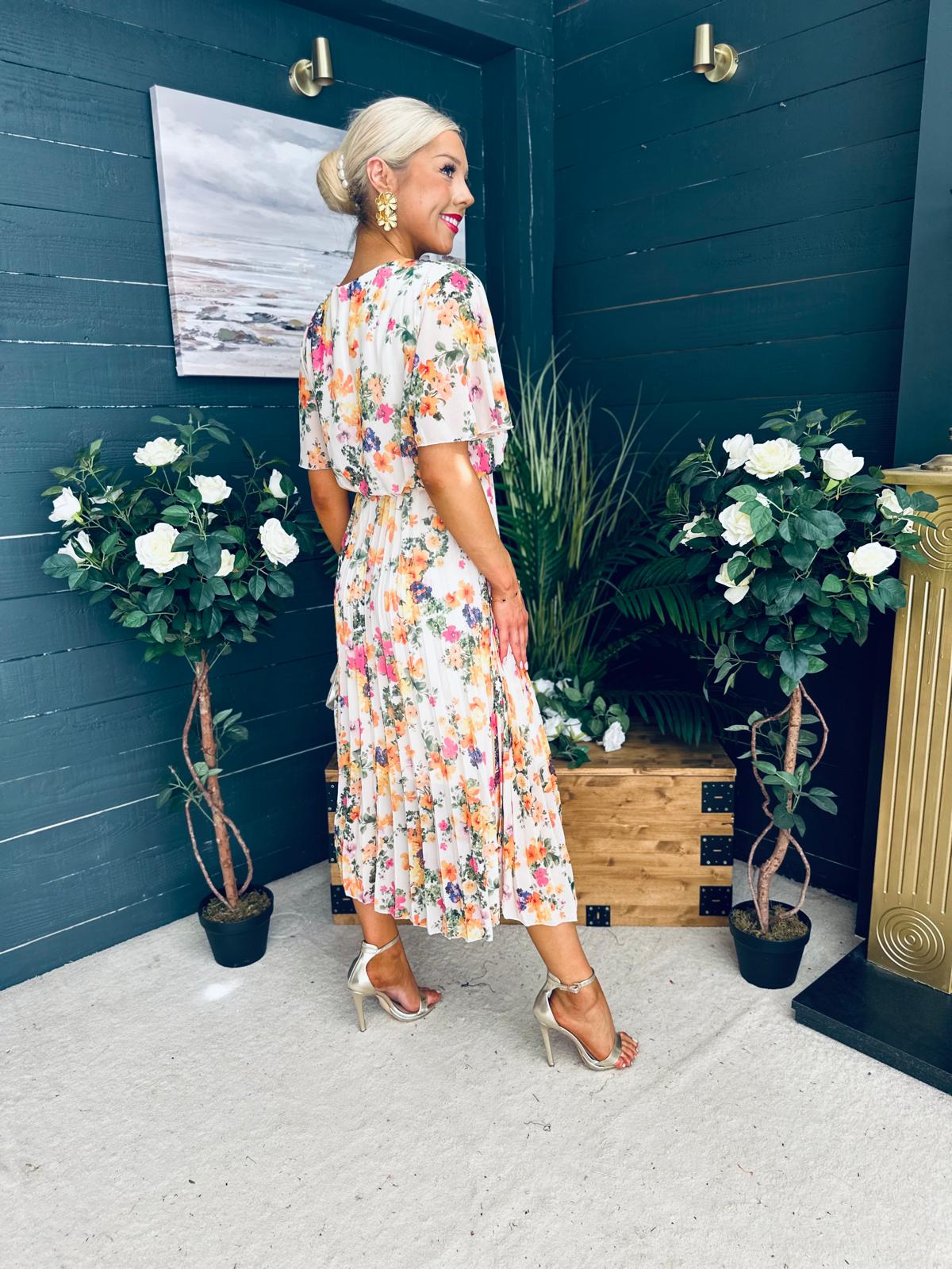 Leanne Pleated Midi Dress Floral Cream