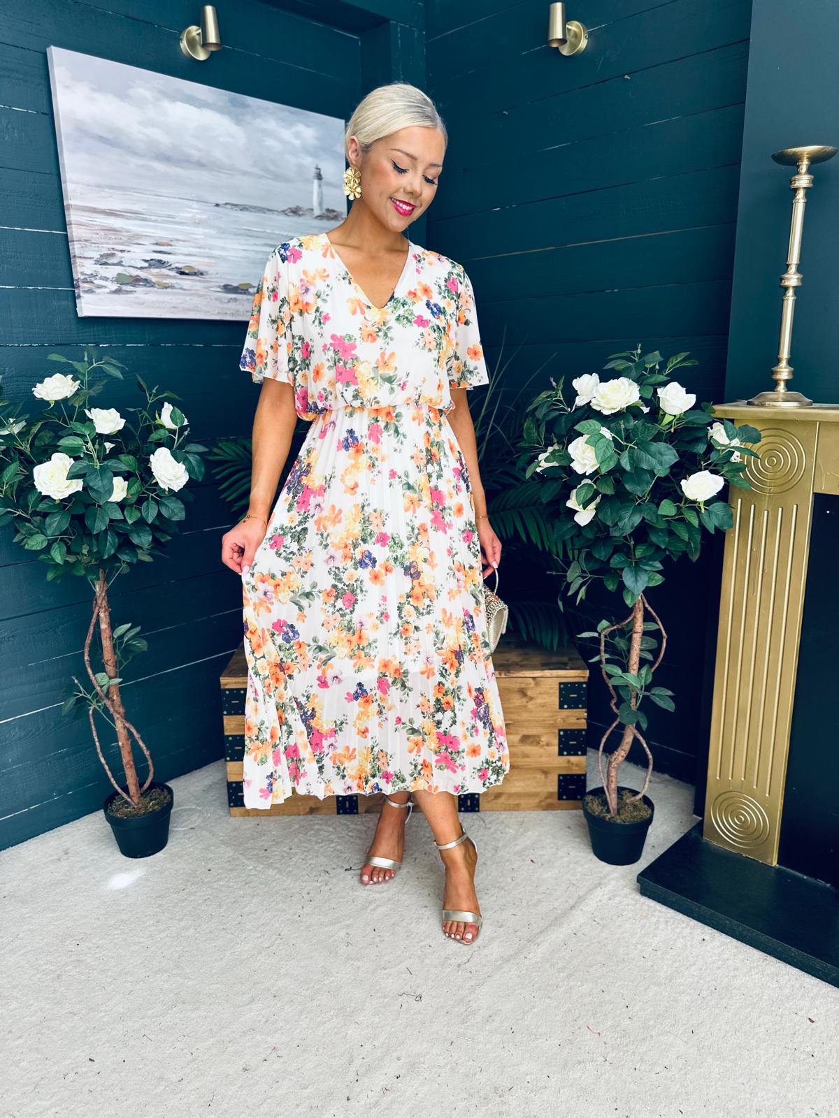 Leanne Pleated Midi Dress Floral Cream