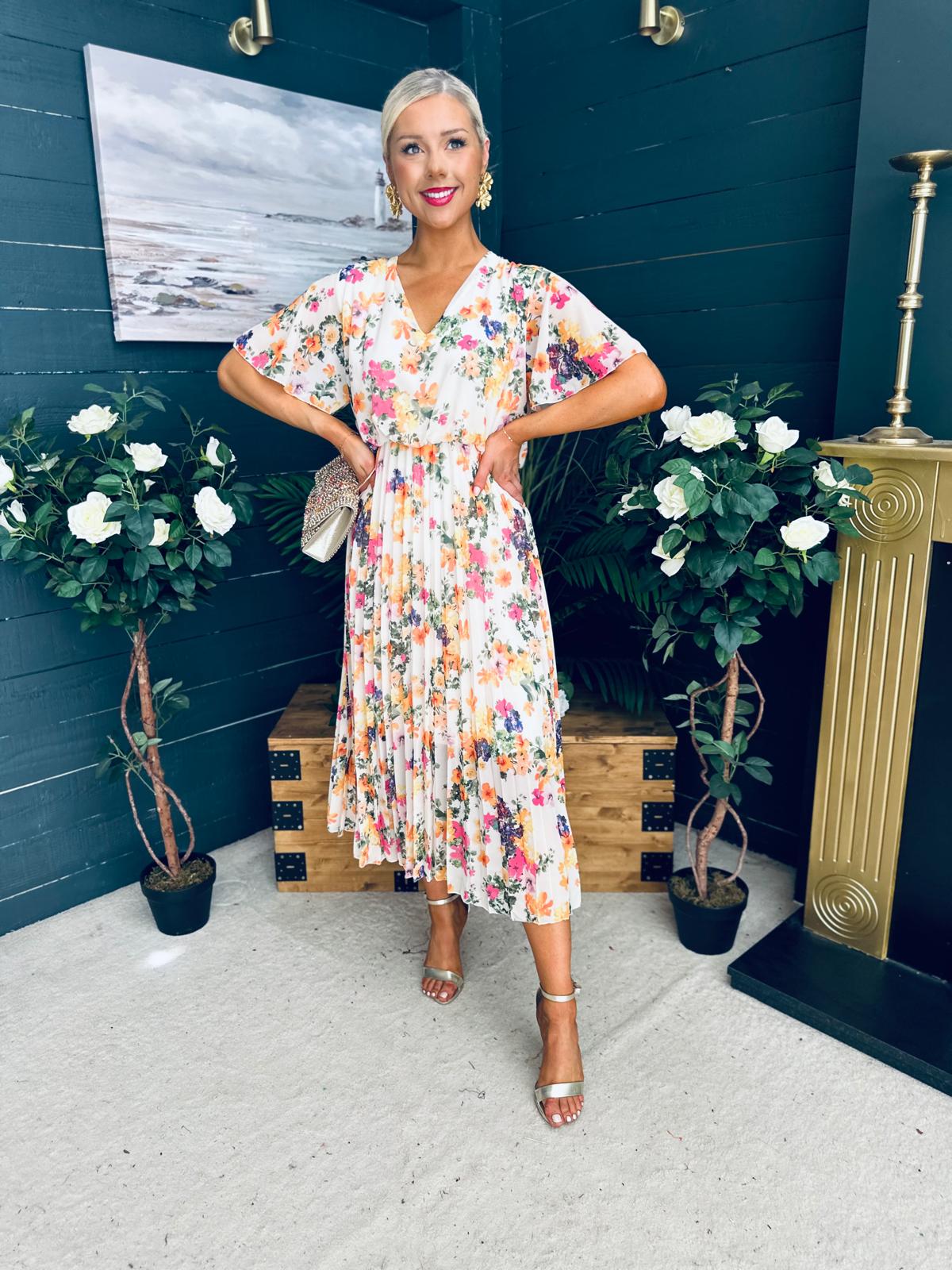 Leanne Pleated Midi Dress Floral Cream
