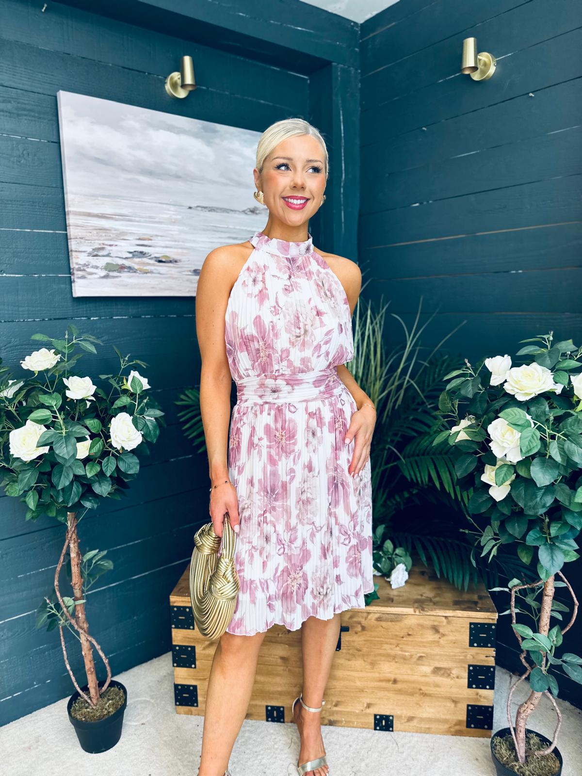 Jessy Pleated Mini Dress Floral Blush