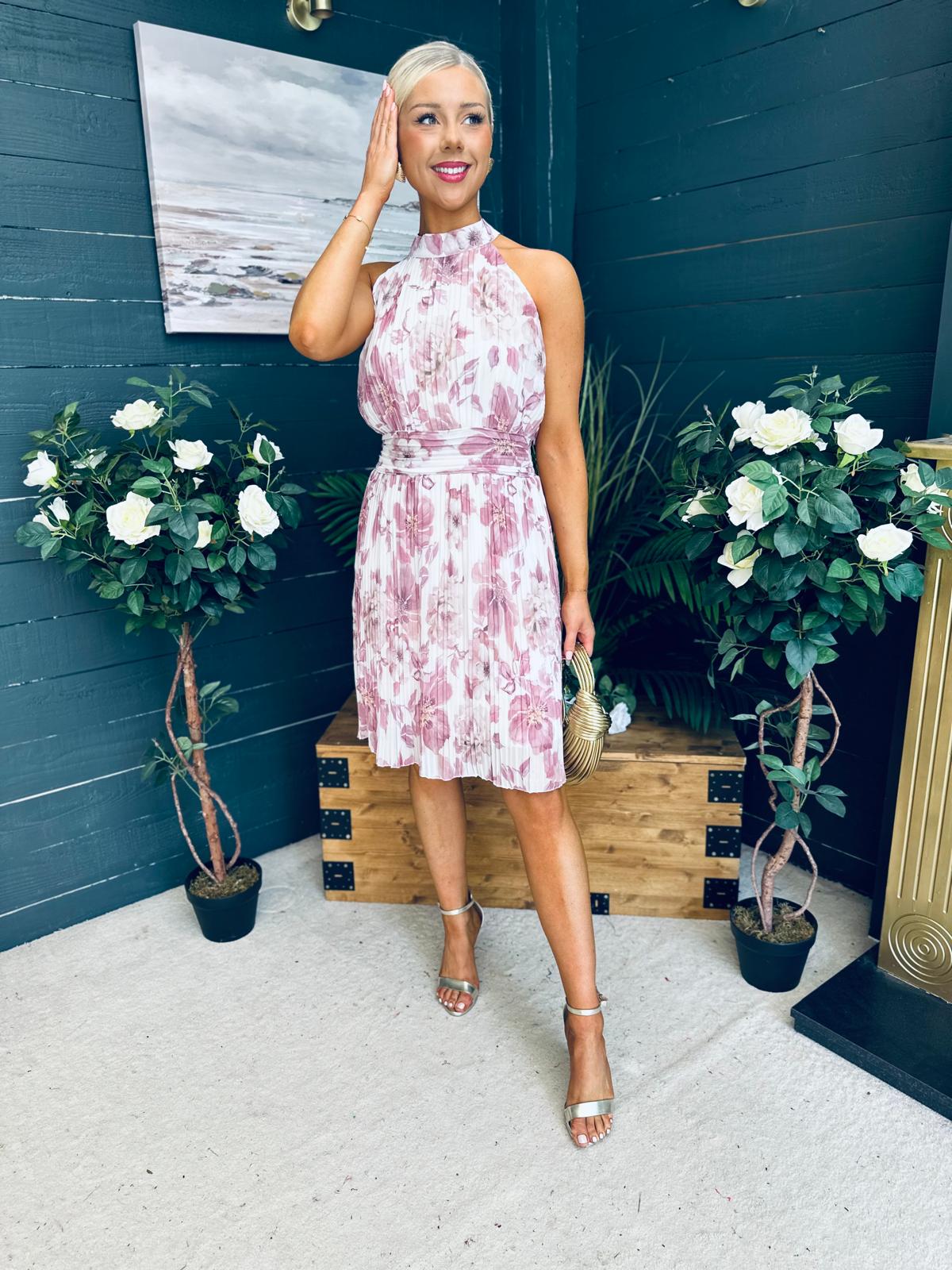 Jessy Pleated Mini Dress Floral Blush