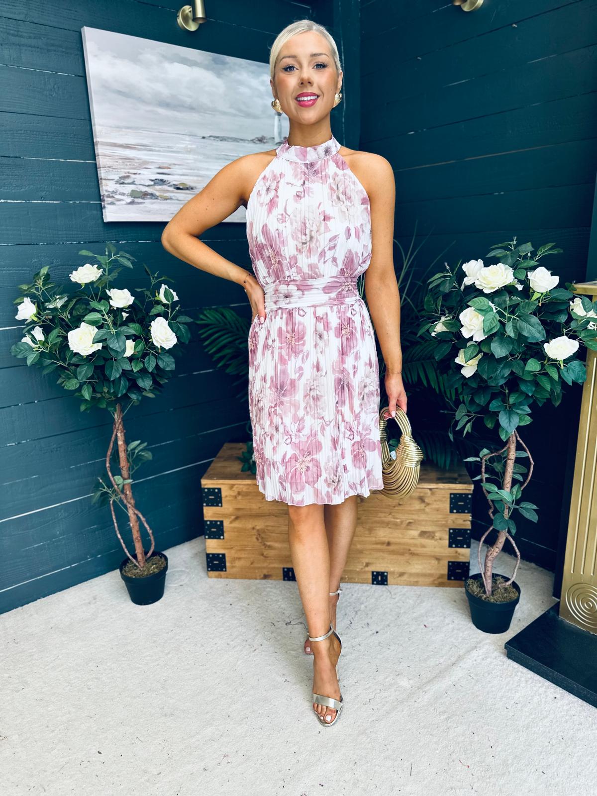 Jessy Pleated Mini Dress Floral Blush