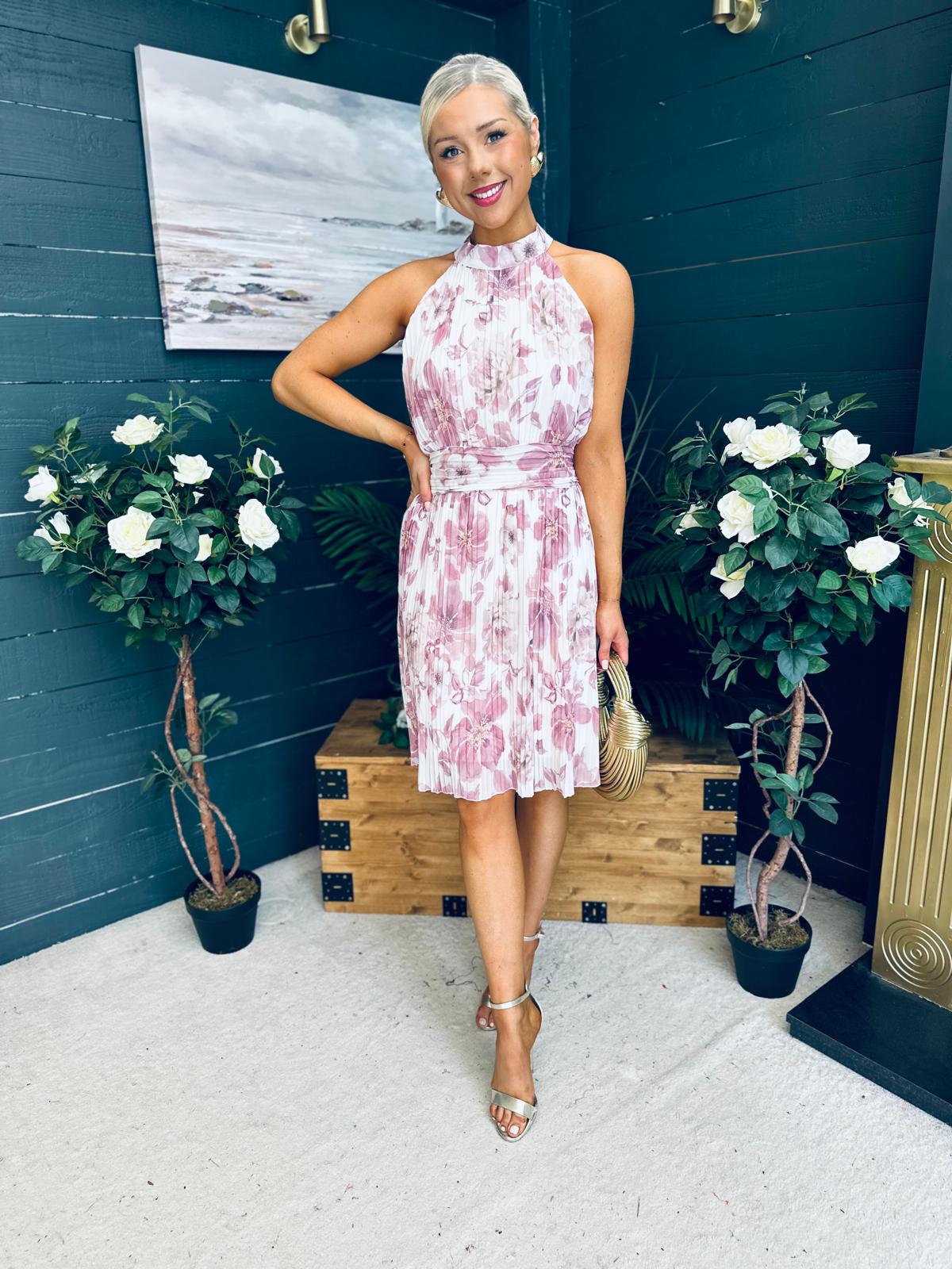 Jessy Pleated Mini Dress Floral Blush