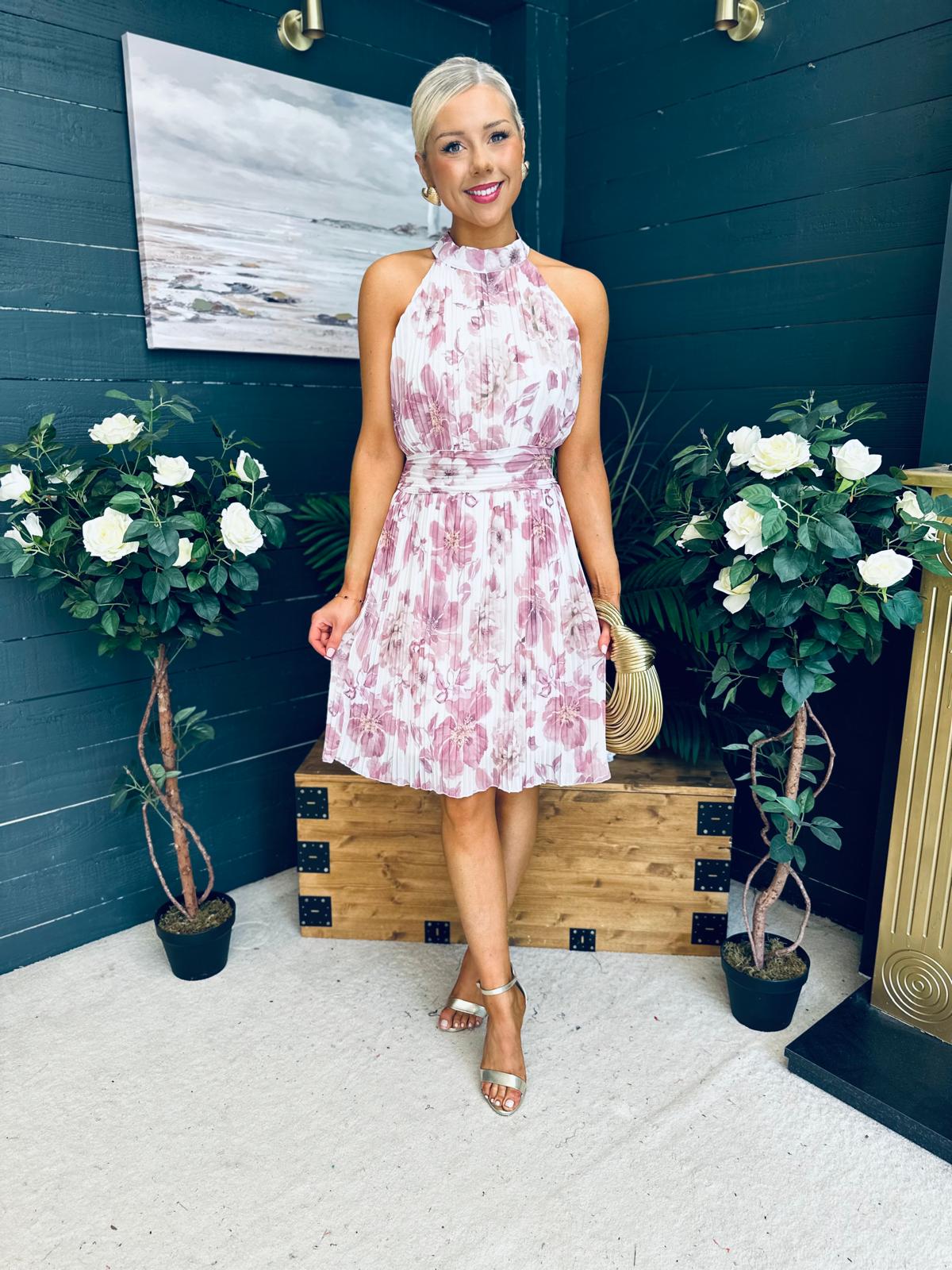 Jessy Pleated Mini Dress Floral Blush