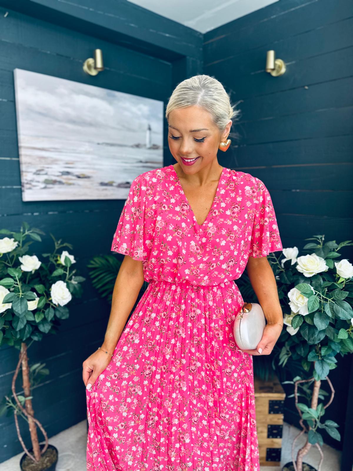 Nala Pleated Midi Dress Floral Pink