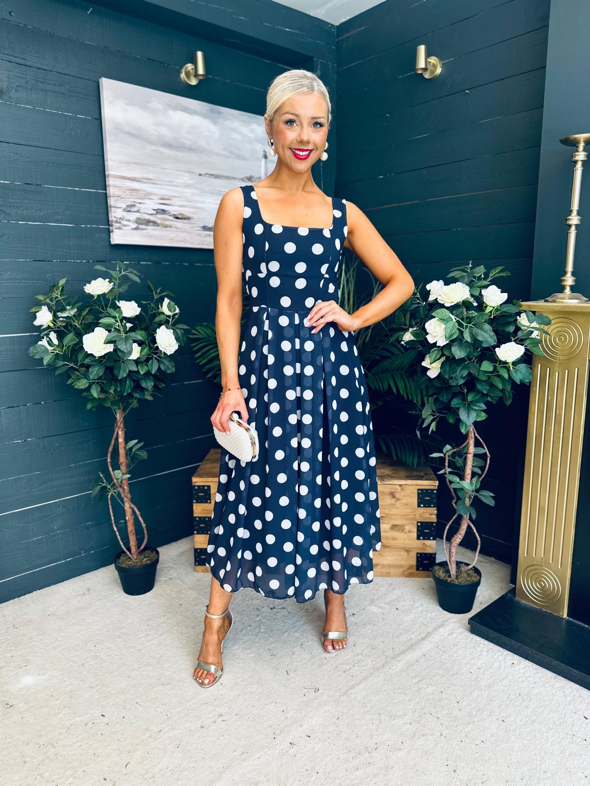 Tracey Detailed Midi Dress Polka Navy