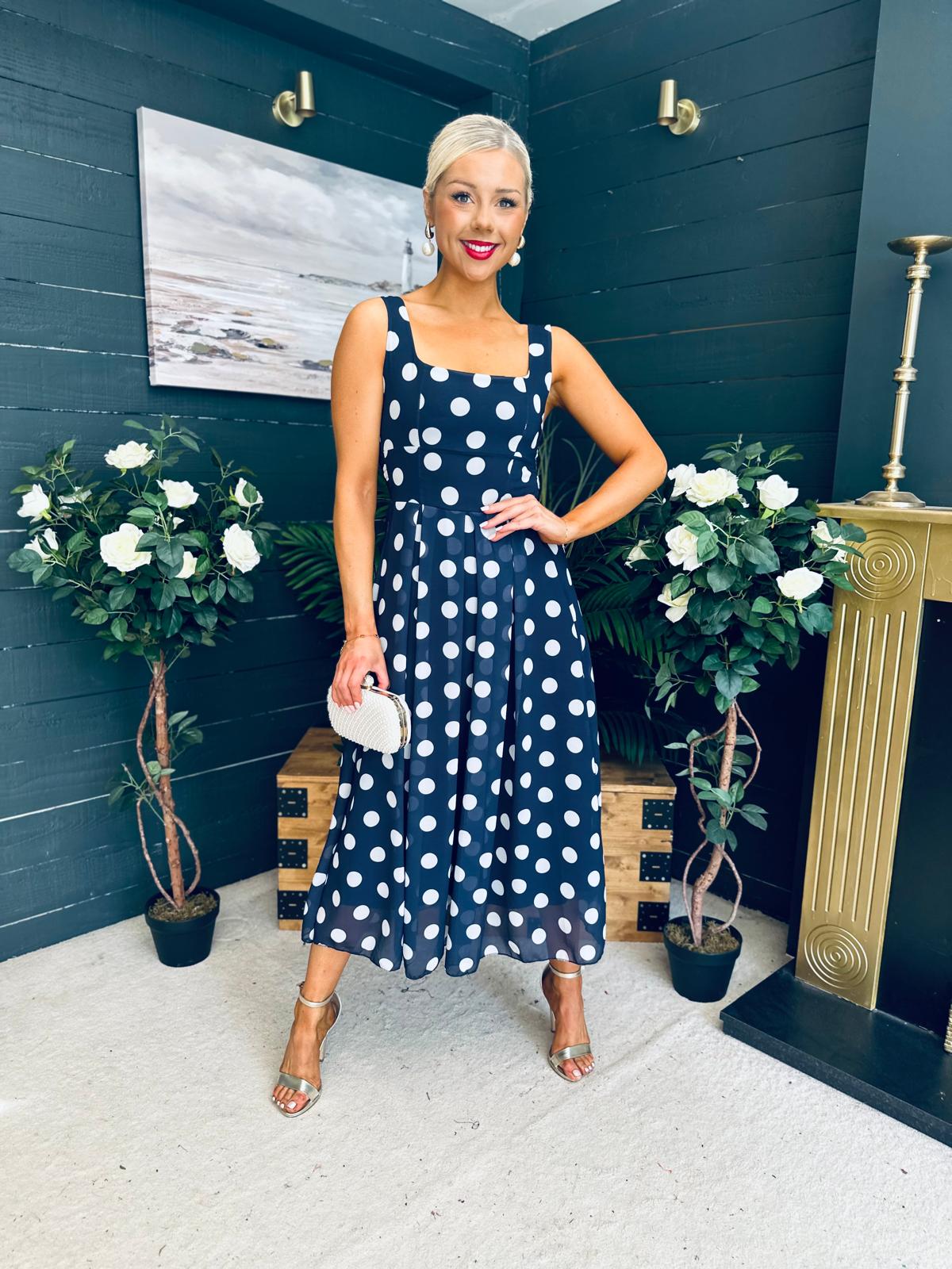 Tracey Detailed Midi Dress Polka Navy