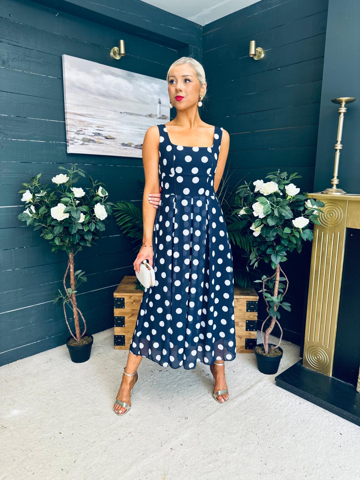 Tracey Detailed Midi Dress Polka Navy
