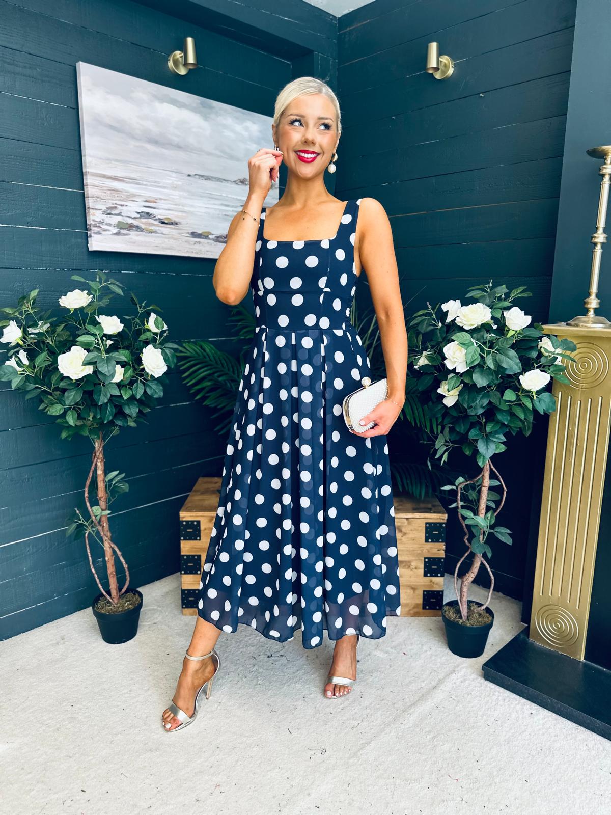 Tracey Detailed Midi Dress Polka Navy
