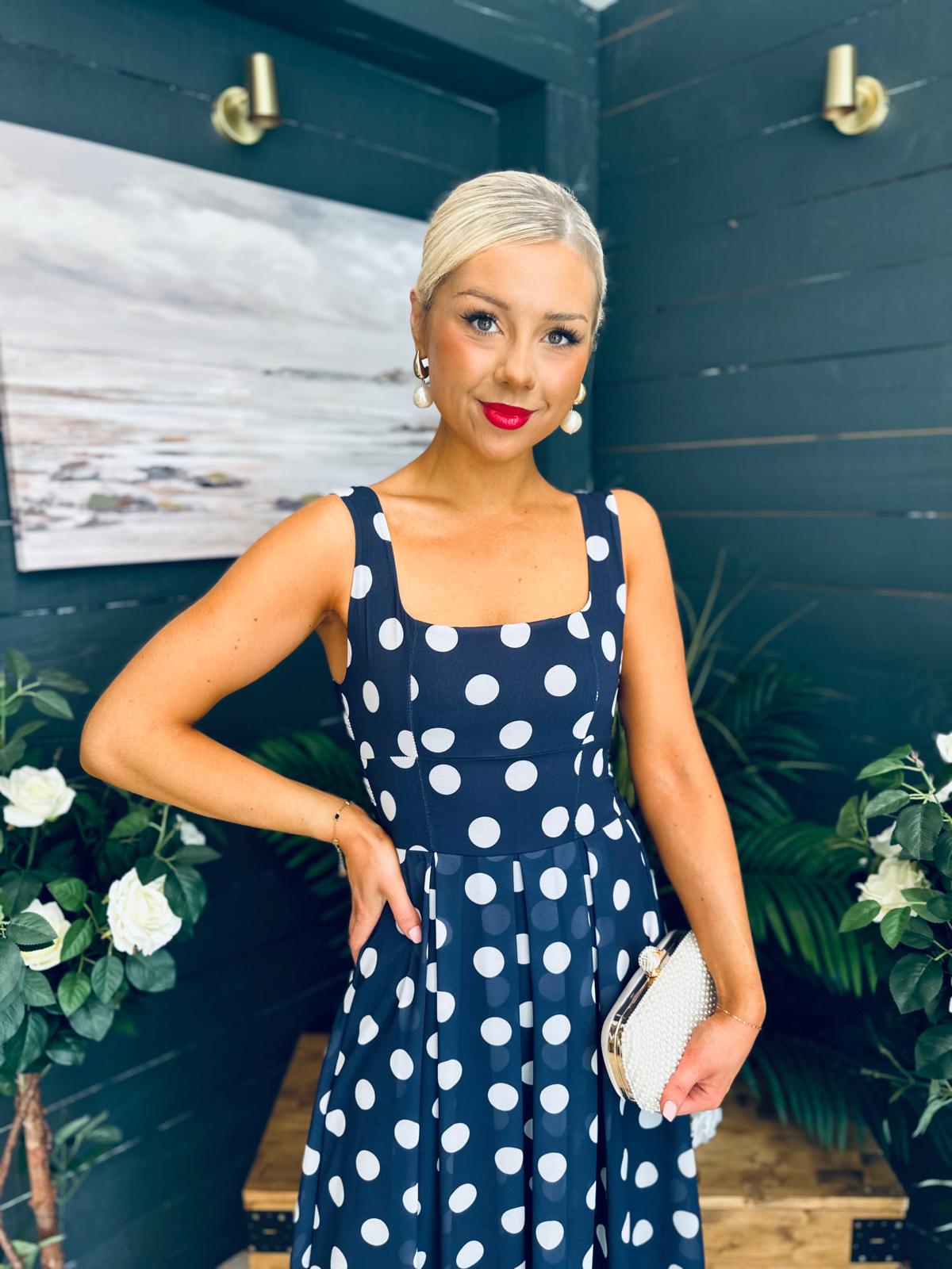 Tracey Detailed Midi Dress Polka Navy