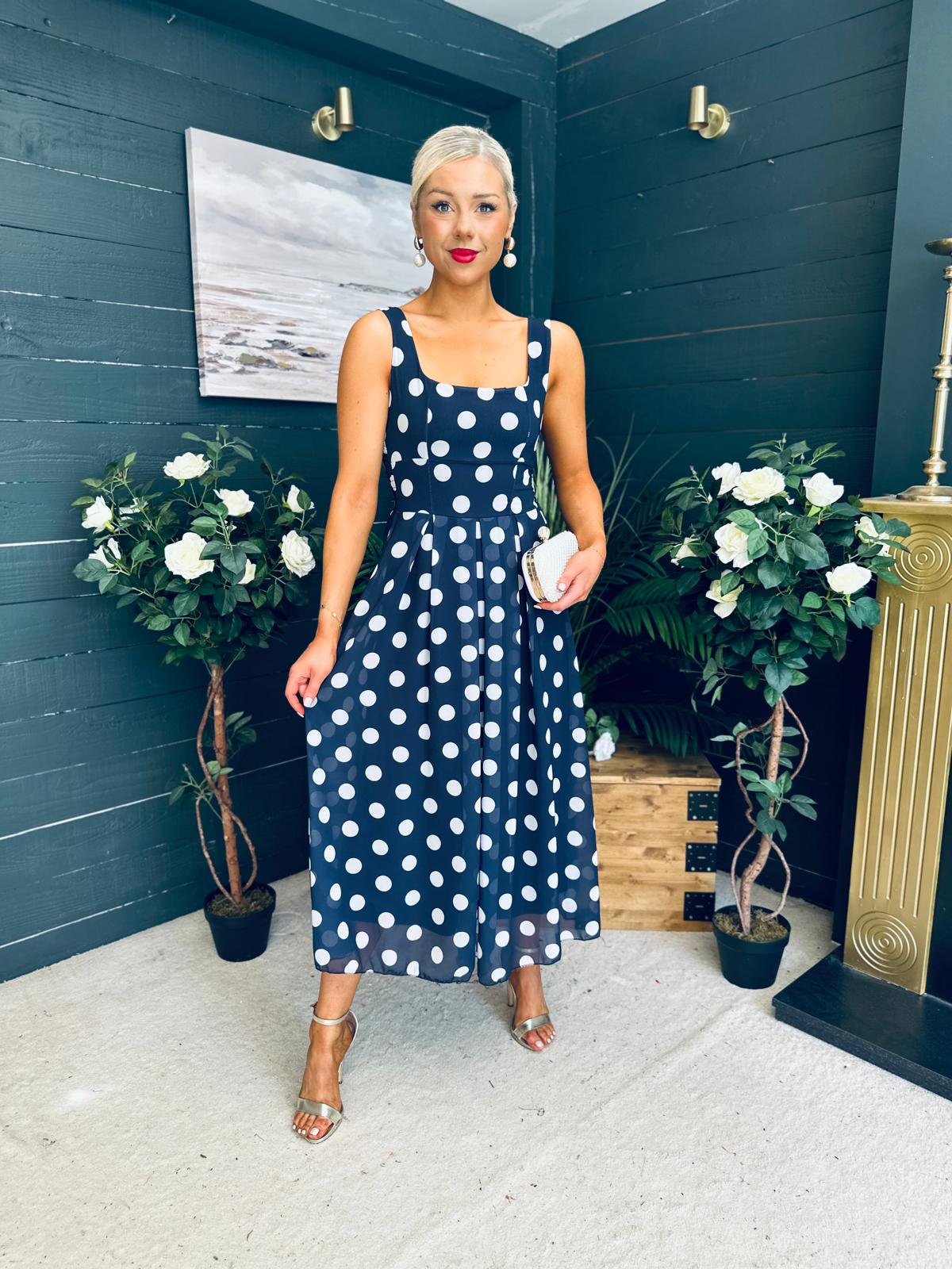Tracey Detailed Midi Dress Polka Navy