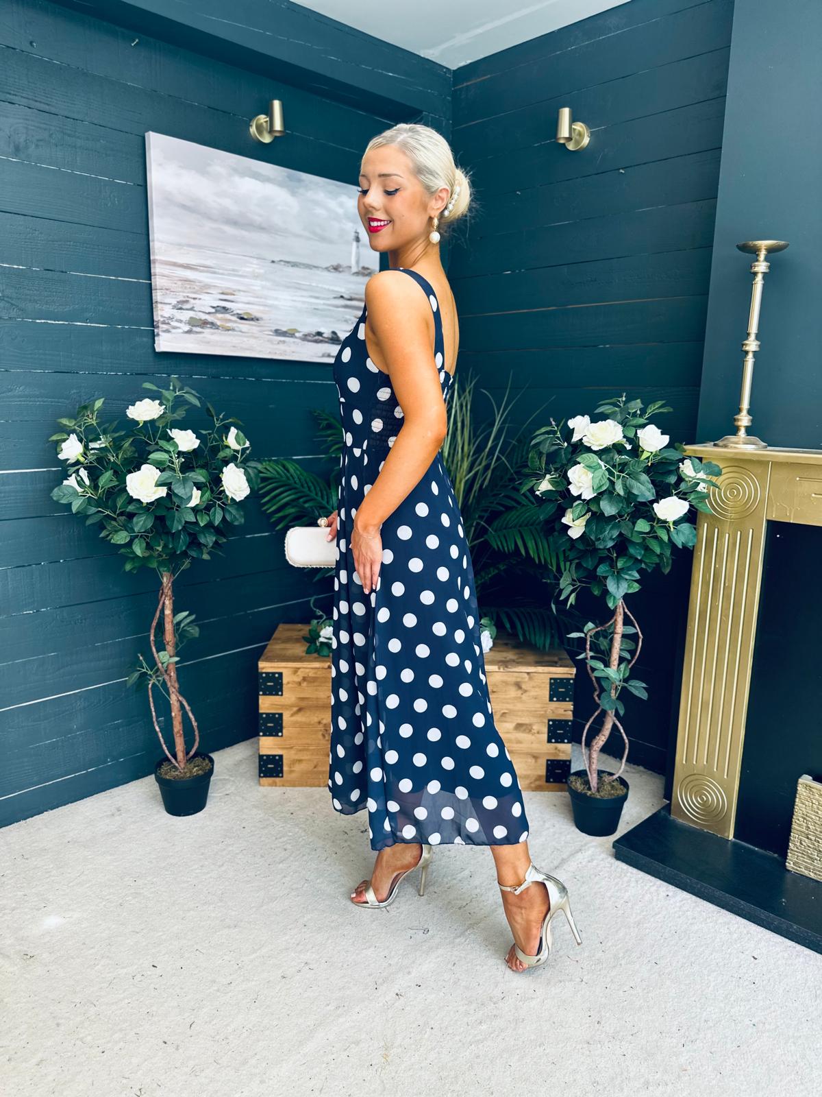 Tracey Detailed Midi Dress Polka Navy