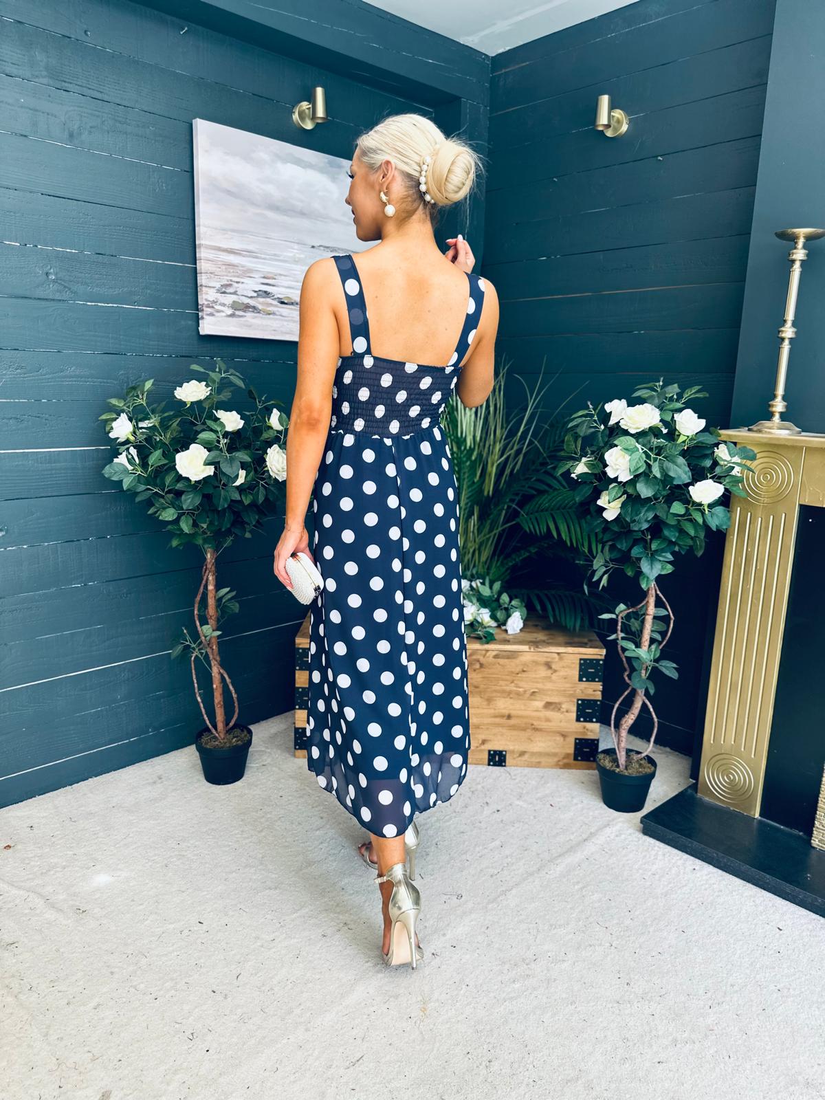 Tracey Detailed Midi Dress Polka Navy