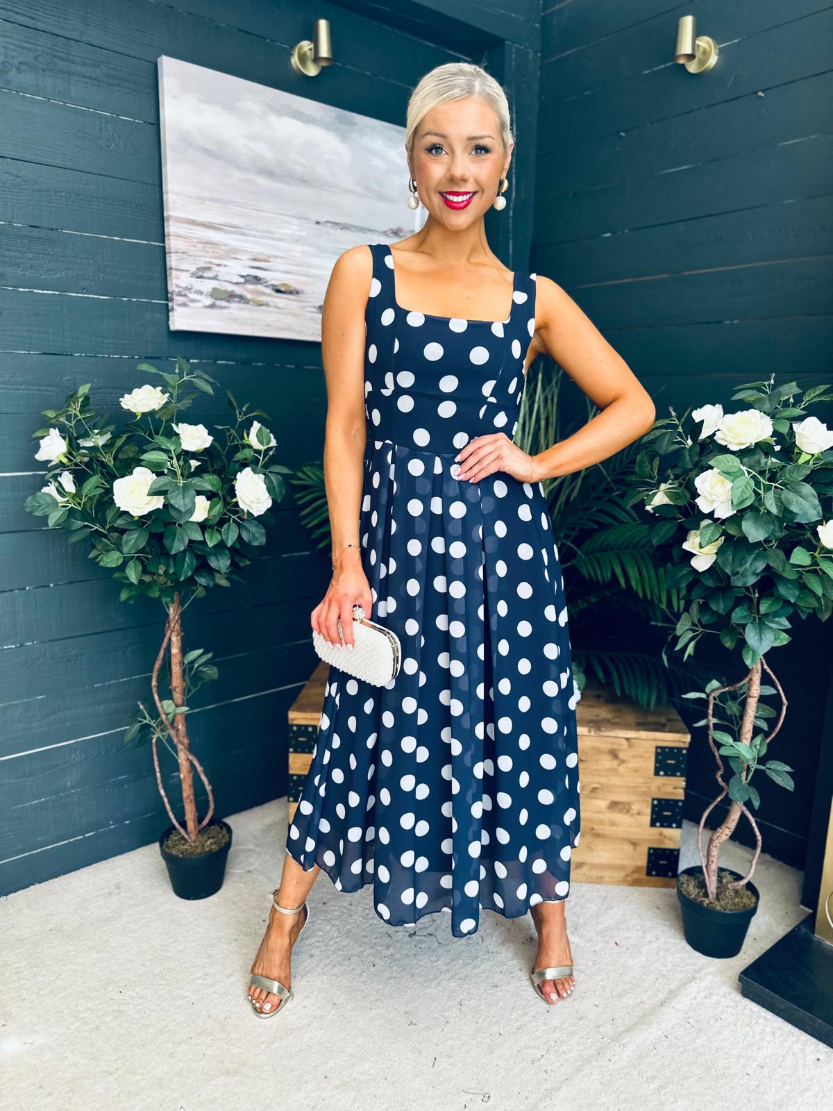 Tracey Detailed Midi Dress Polka Navy