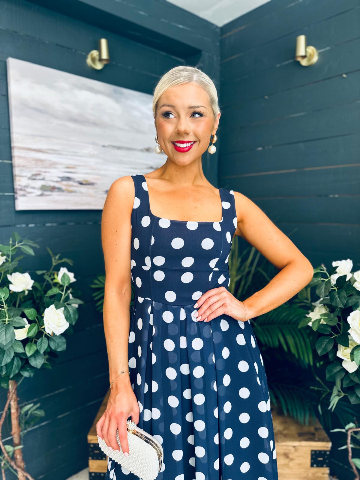 Tracey Detailed Midi Dress Polka Navy