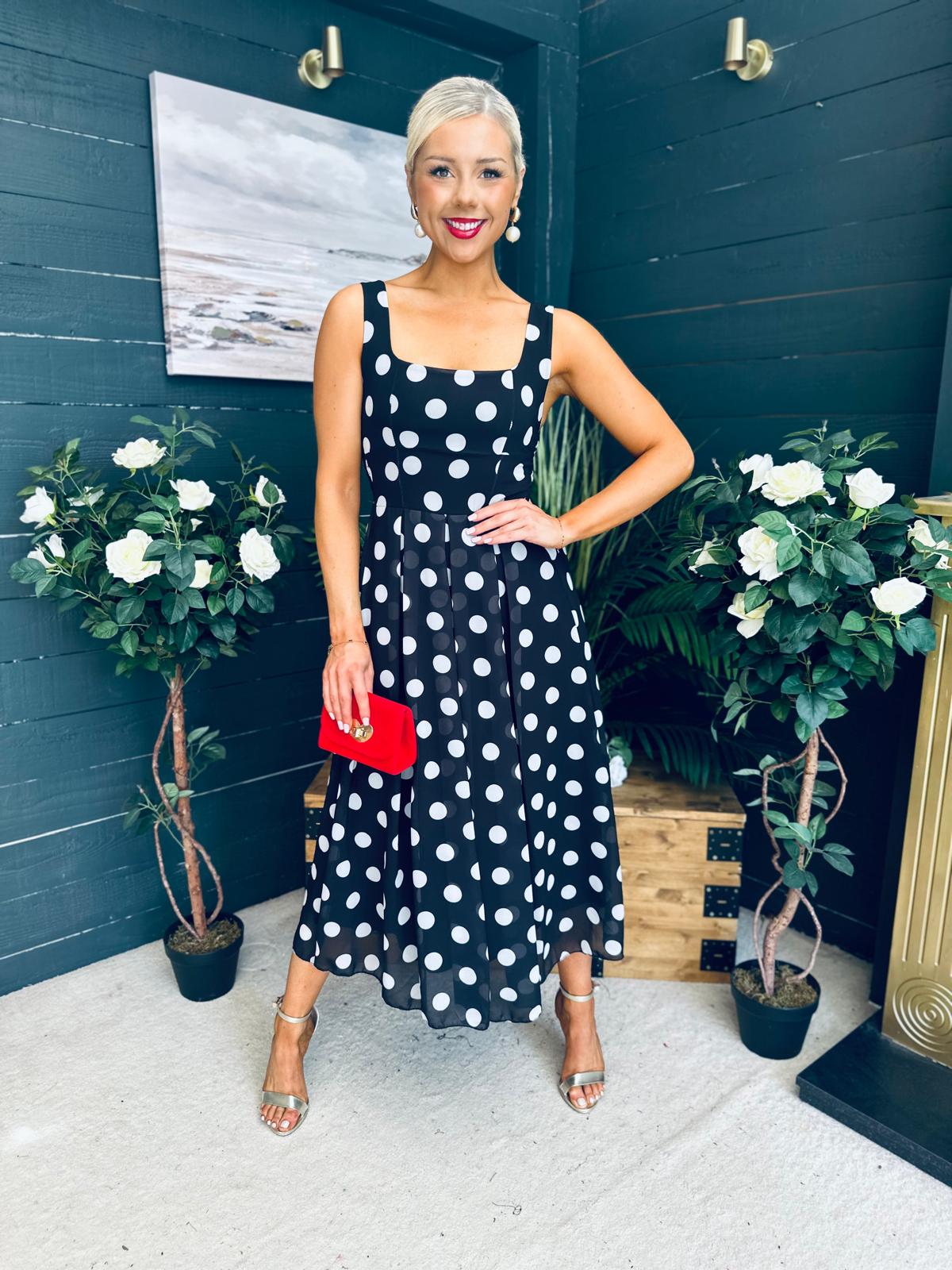 Tracey Detailed Midi Dress Polka Black